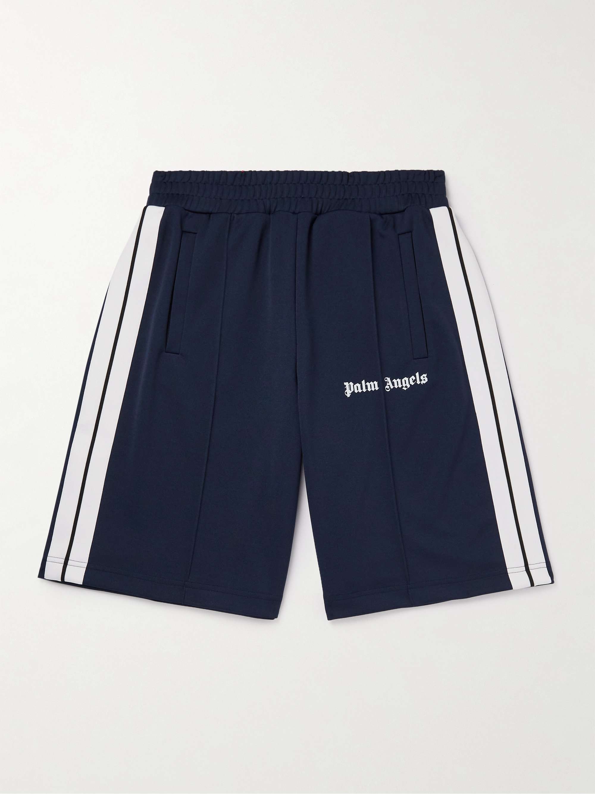 PALM ANGELS Straight-Leg Striped Logo-Print Tech-Jersey Shorts