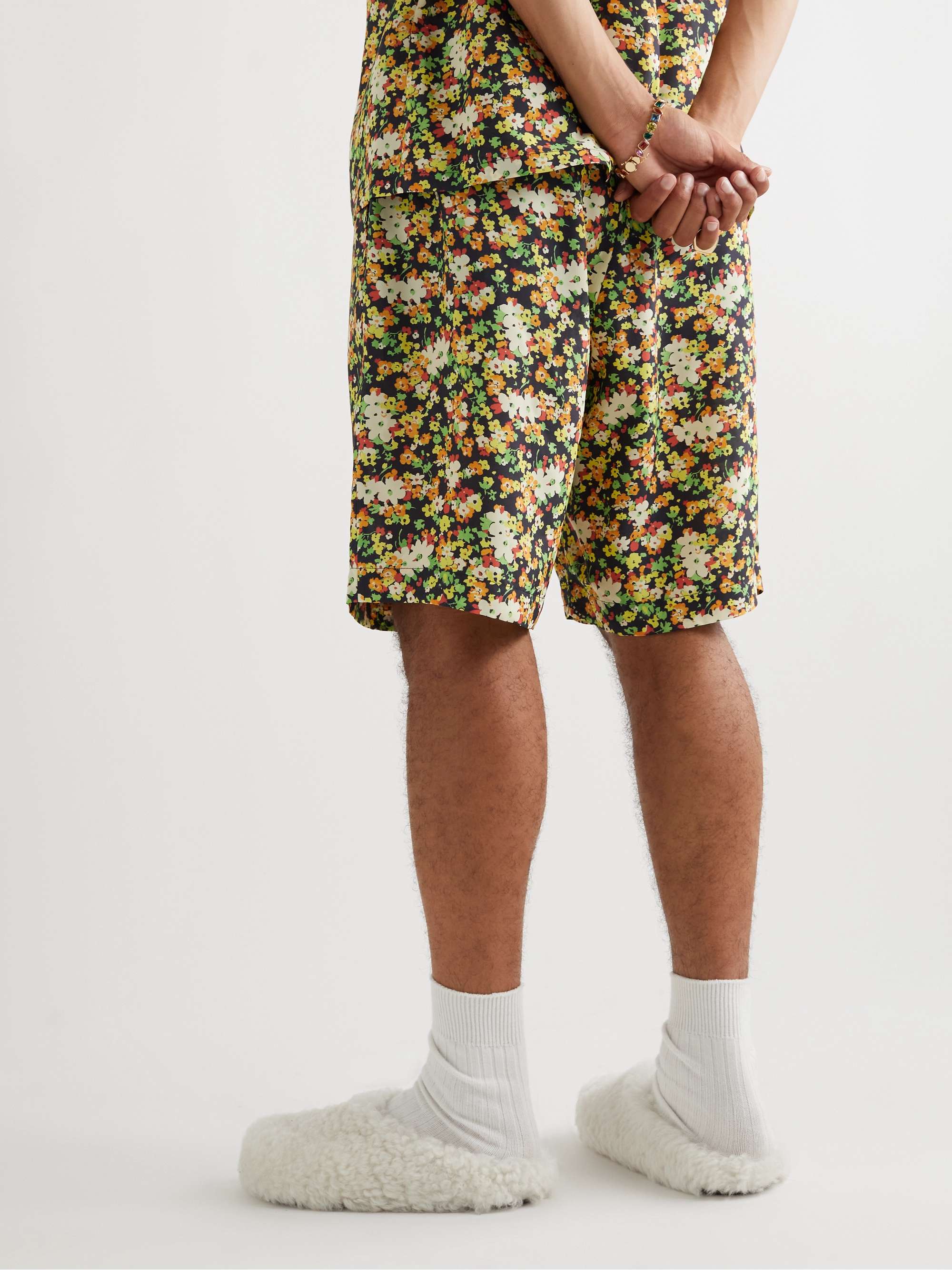 MARNI Wide-Leg Pleated Floral-Print Woven Bermuda Shorts