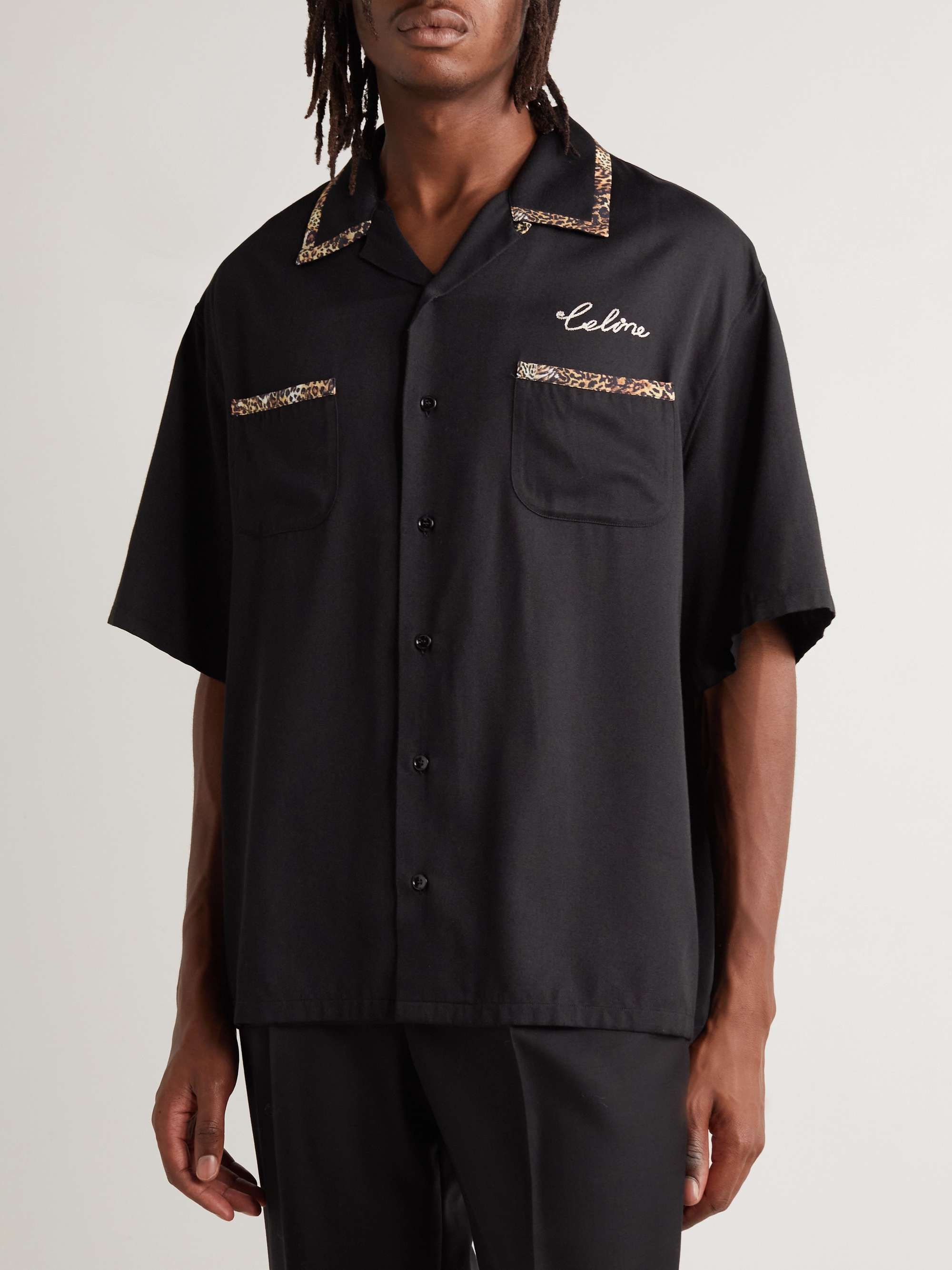 CELINE HOMME Convertible-Collar Logo-Embroidered Twill Shirt