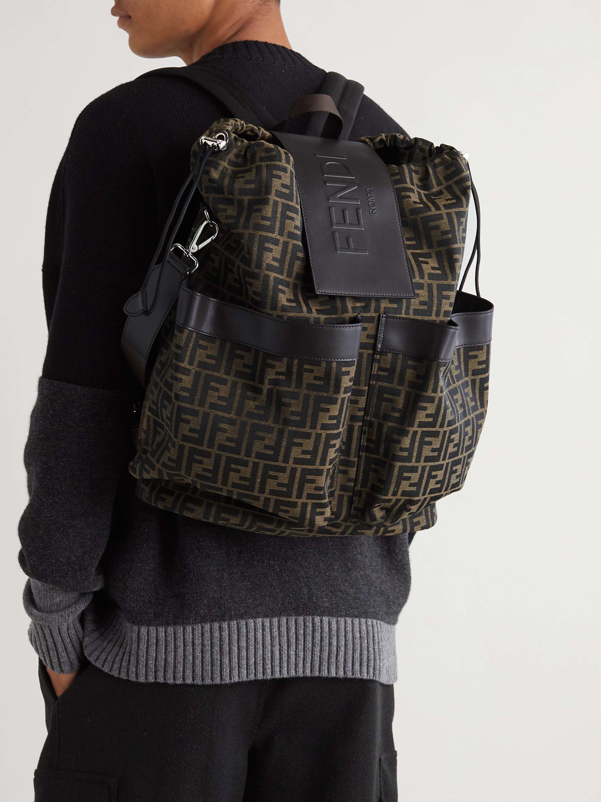 FENDI Leather-Trimmed Logo-Jacquard Canvas Backpack