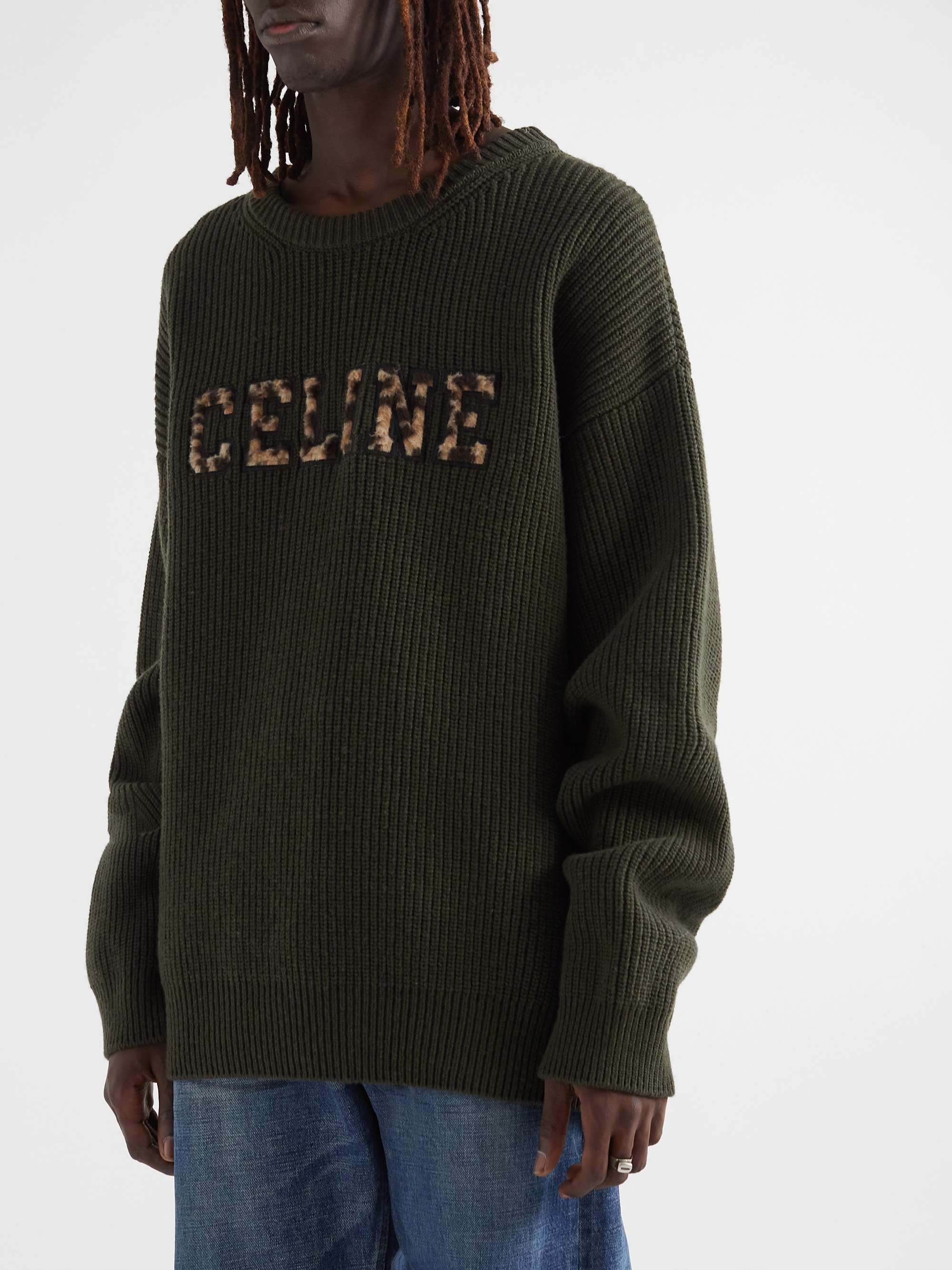 CELINE HOMME Logo-Appliquéd Ribbed Wool Sweater
