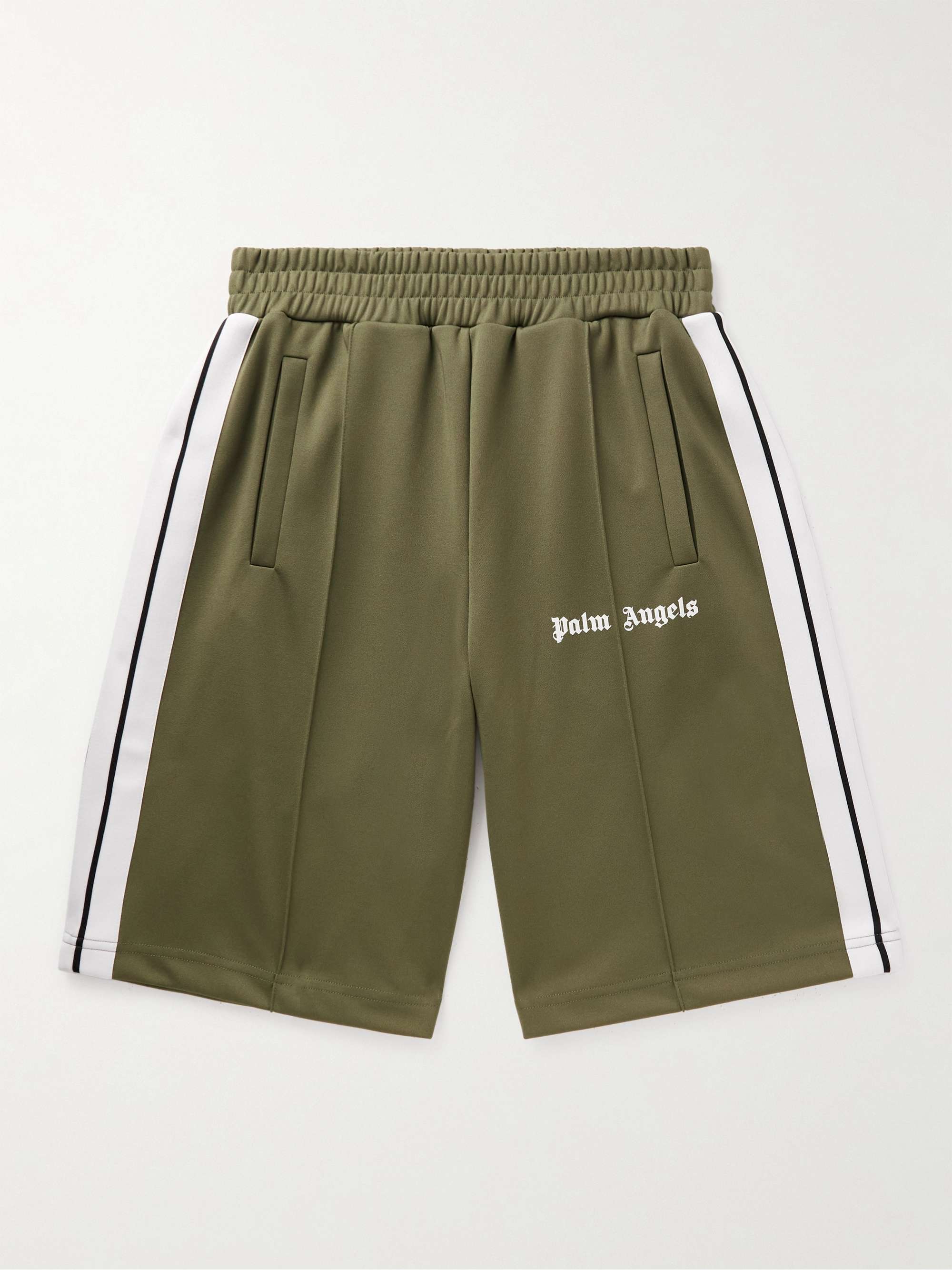 PALM ANGELS Straight-Leg Striped Logo-Print Tech-Jersey Shorts