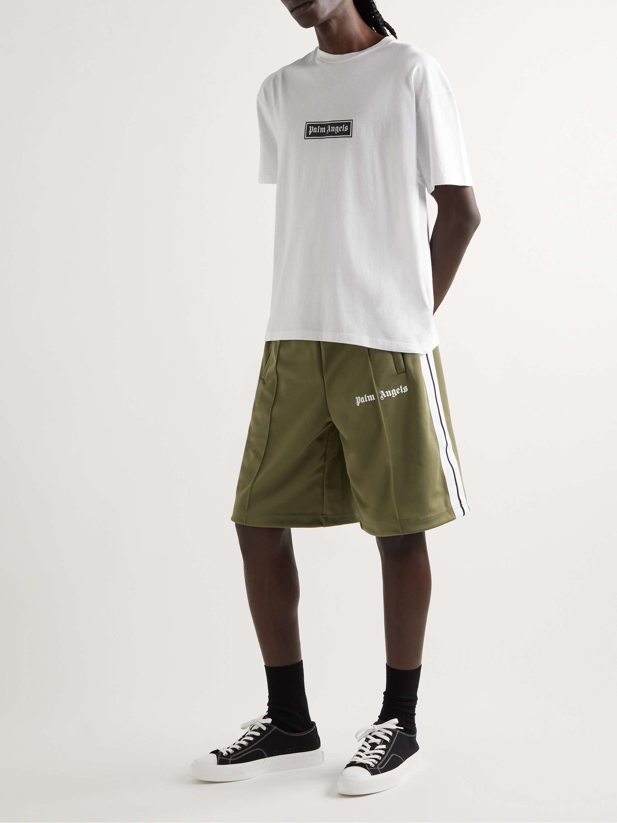 Green Straight-Leg Striped Logo-Print Tech-Jersey Shorts | PALM 