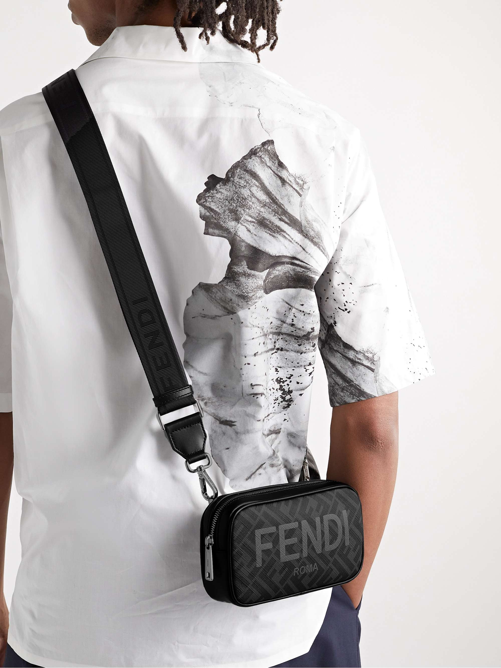 FENDI Logo-Print Leather-Trimmed Coated-Canvas Camera Bag