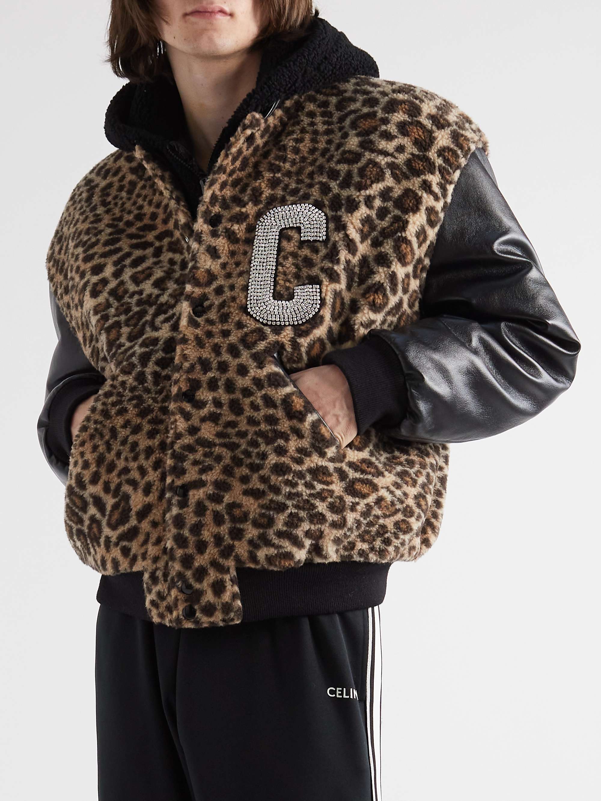 CELINE HOMME Crystal-Embellished Leopard-Print Camel Hair and Silk-Blend and Leather Bomber Jacket