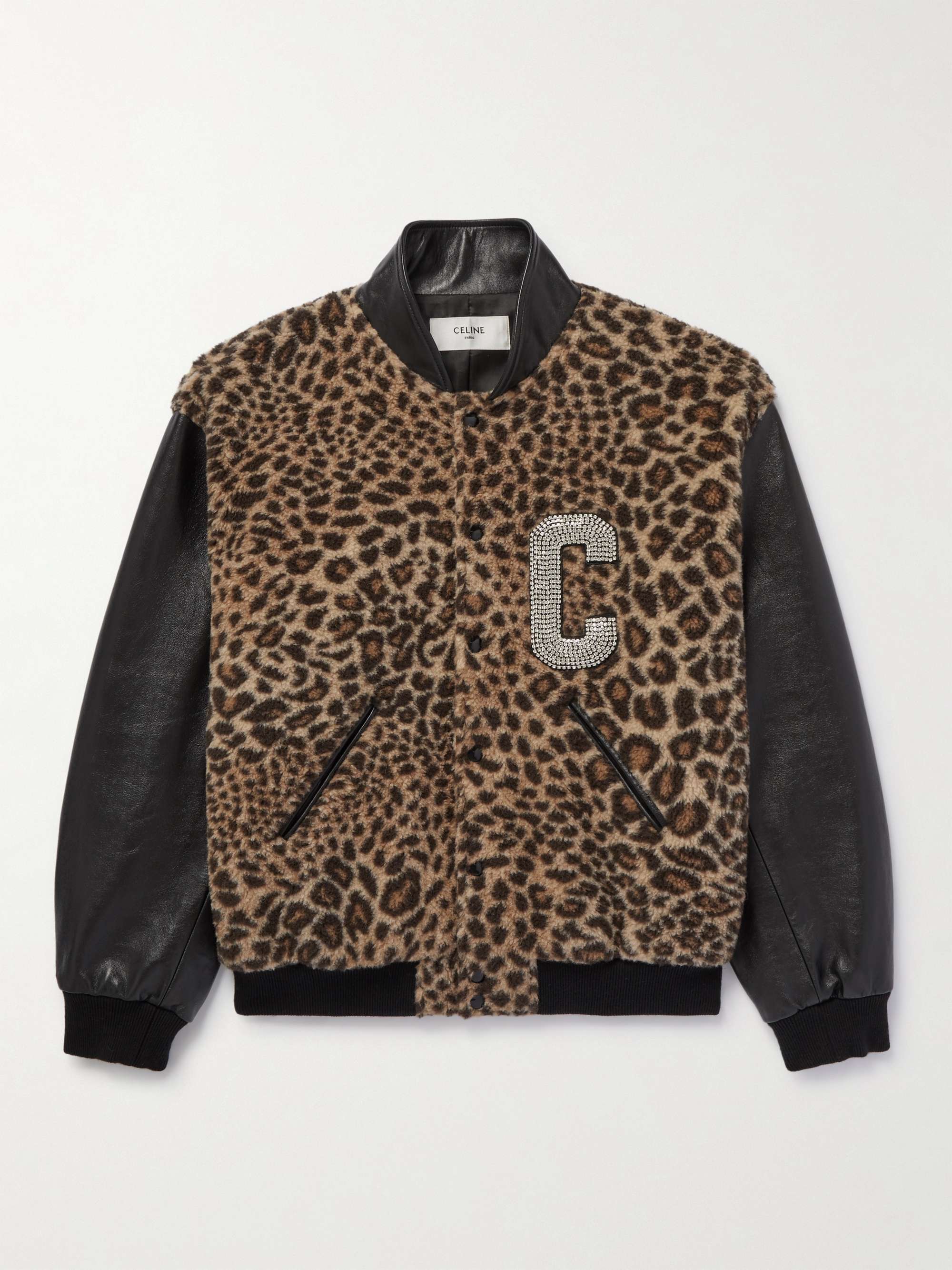 CELINE HOMME Crystal-Embellished Leopard-Print Camel Hair and Silk-Blend and Leather Bomber Jacket