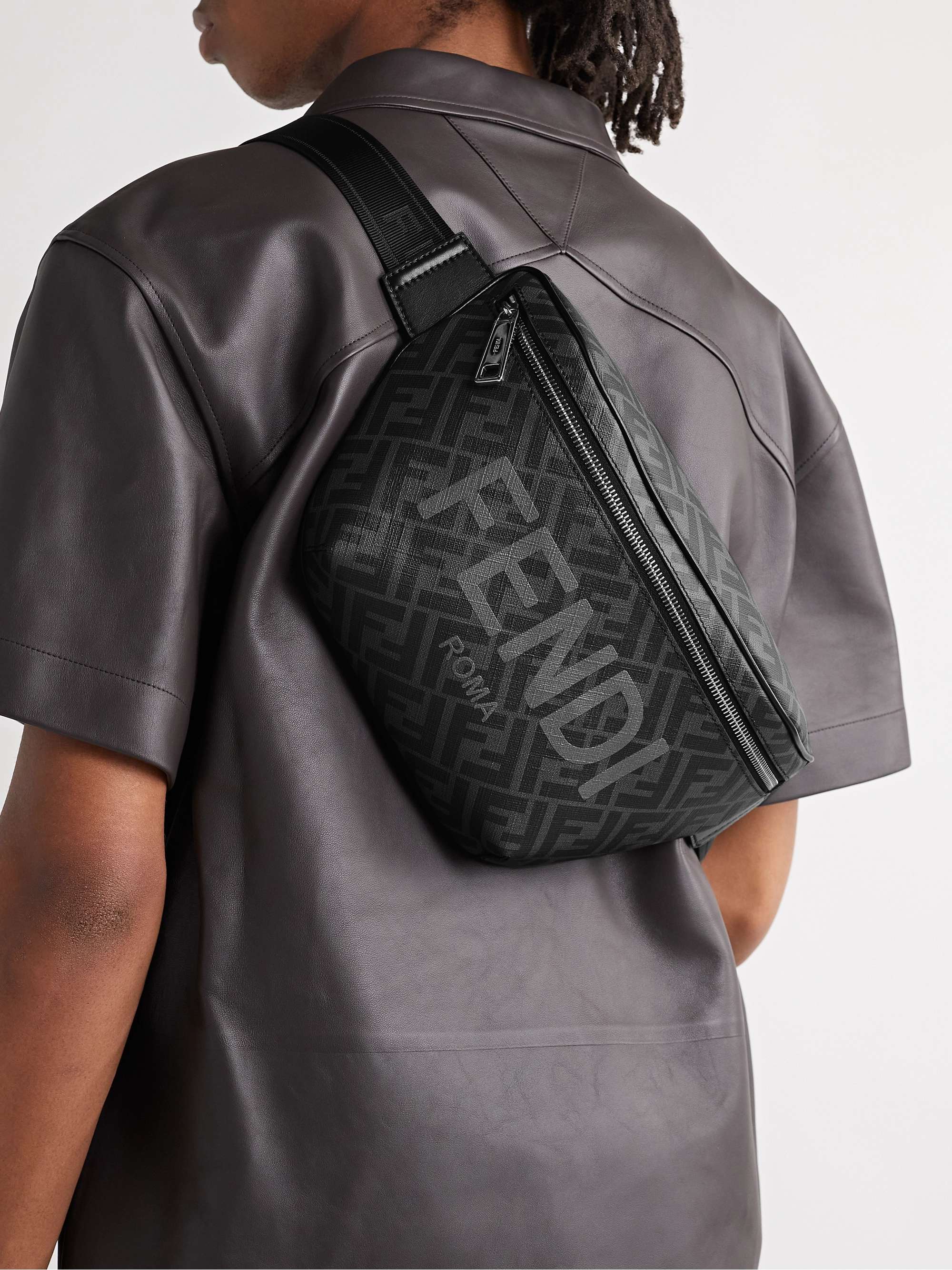 FENDI Logo-Print Leather-Trimmed Coated-Canvas Belt Bag