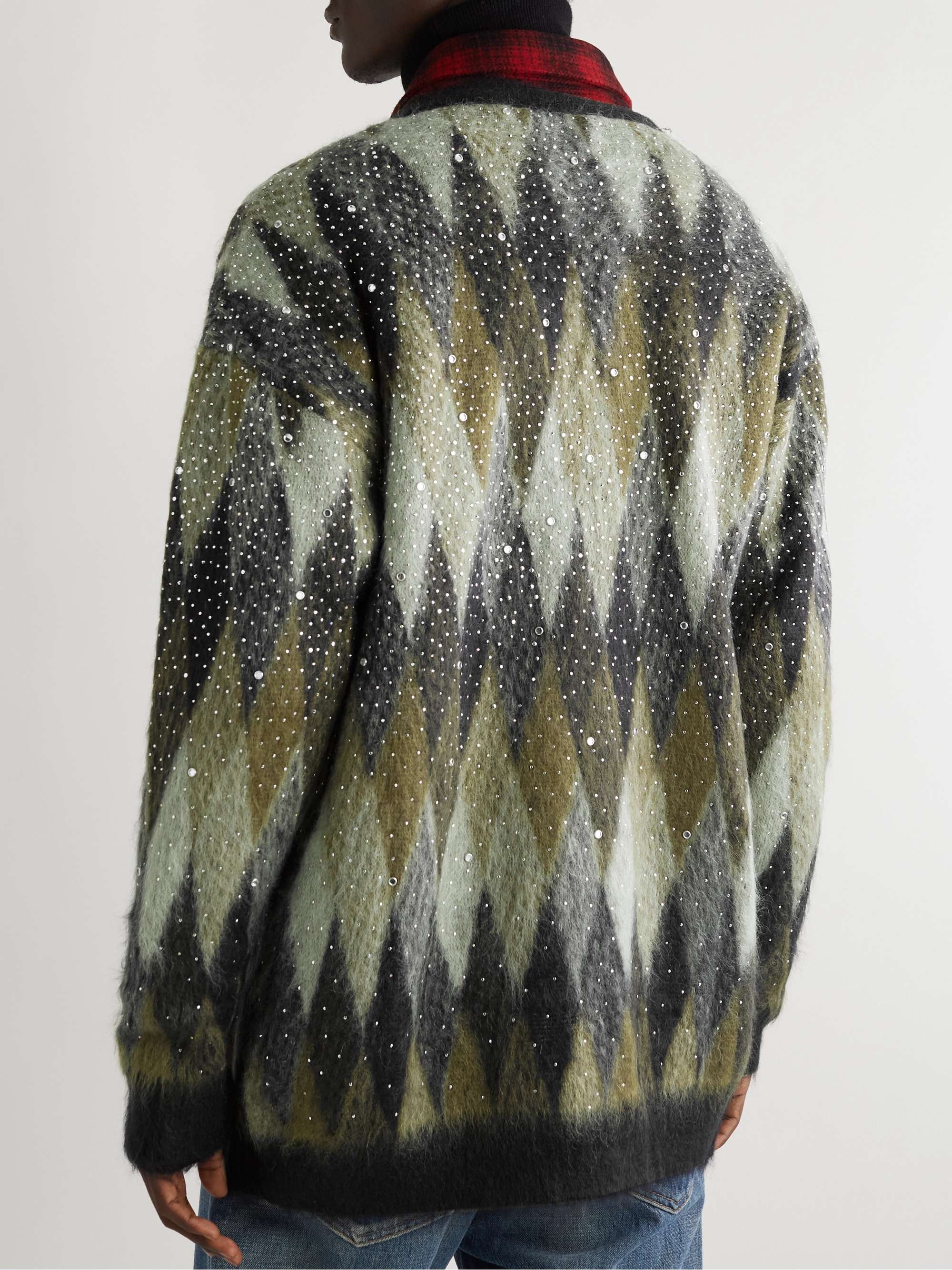 CELINE HOMME Sequin-Embellished Argyle Textured-Knit Cardigan