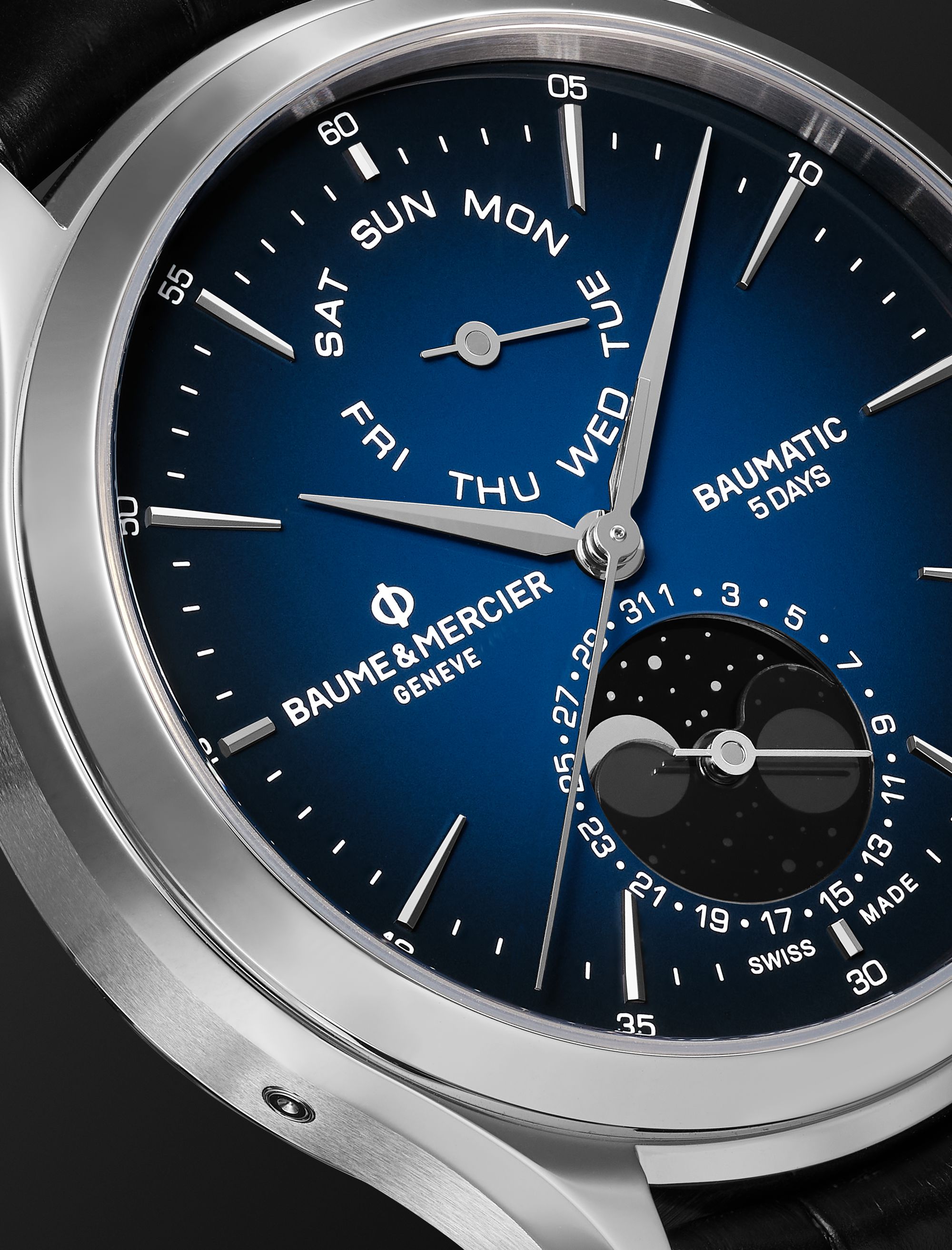BAUME & MERCIER Clifton Baumatic Automatic Day-Date Moon-Phase 42mm Steel and Alligator Watch , Ref. No. 10593