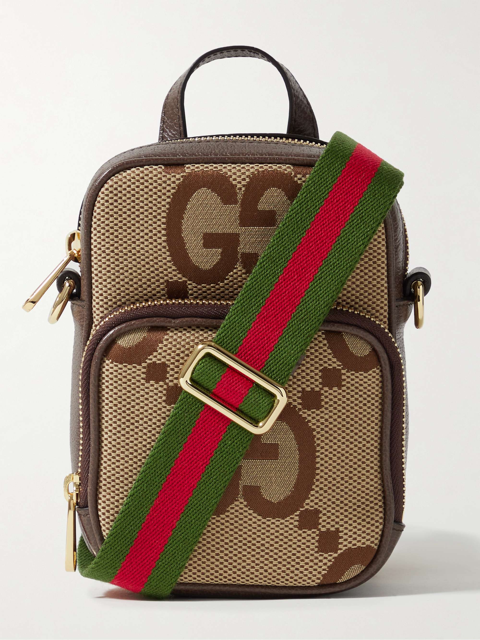 GUCCI Full-Grain Leather-Trimmed Monogrammed Canvas Messenger Bag