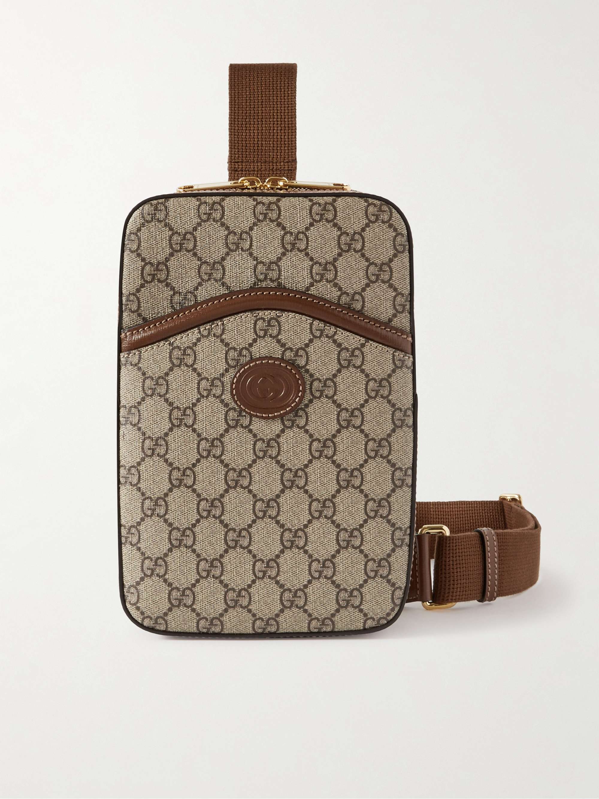 GUCCI Leather-Trimmed Monogrammed Coated-Canvas Messenger Bag