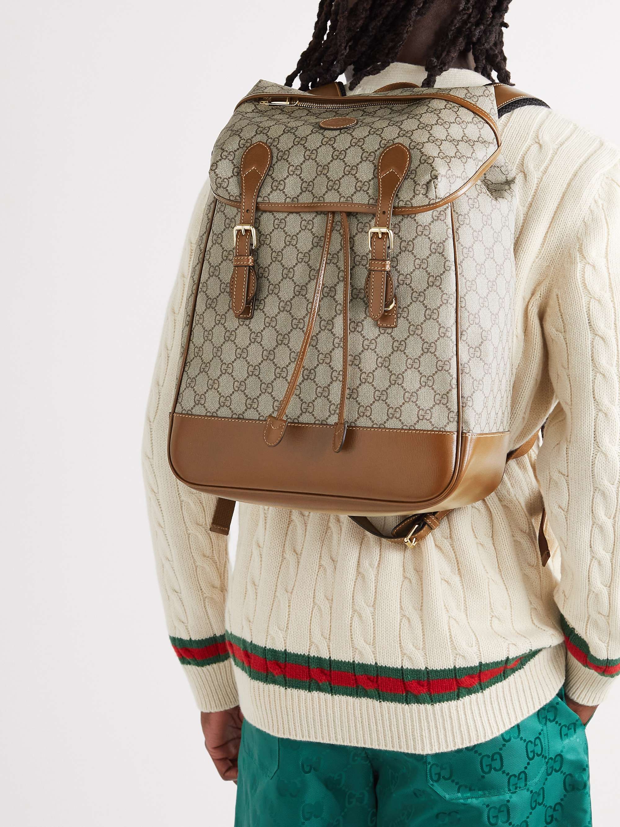 GUCCI Leather-Trimmed Monogrammed Coated-Canvas Backpack
