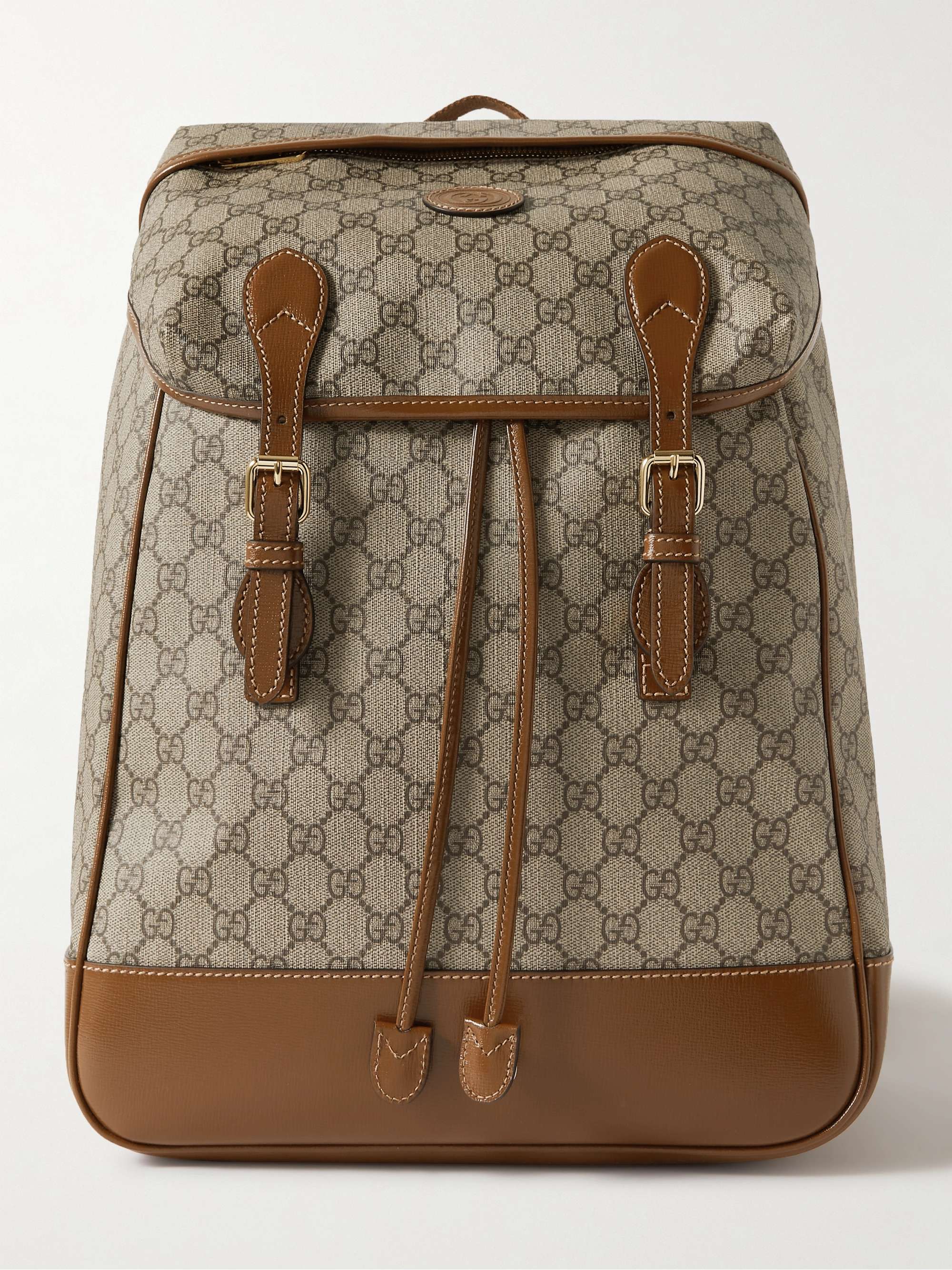 GUCCI Leather-Trimmed Monogrammed Coated-Canvas Backpack