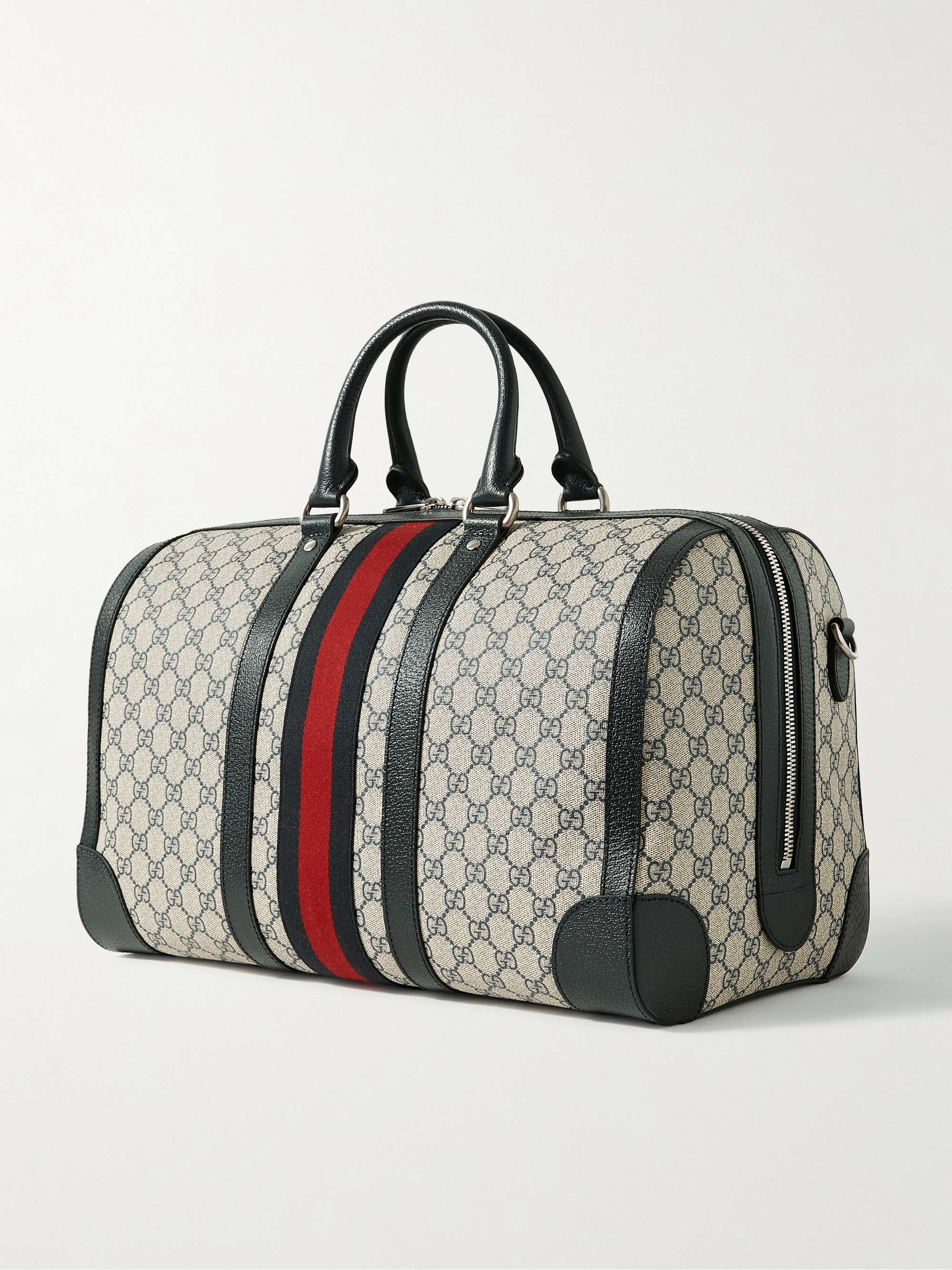 GUCCI Leather- and Webbing-Trimmed Monogrammed Supreme Coated-Canvas Duffle Bag