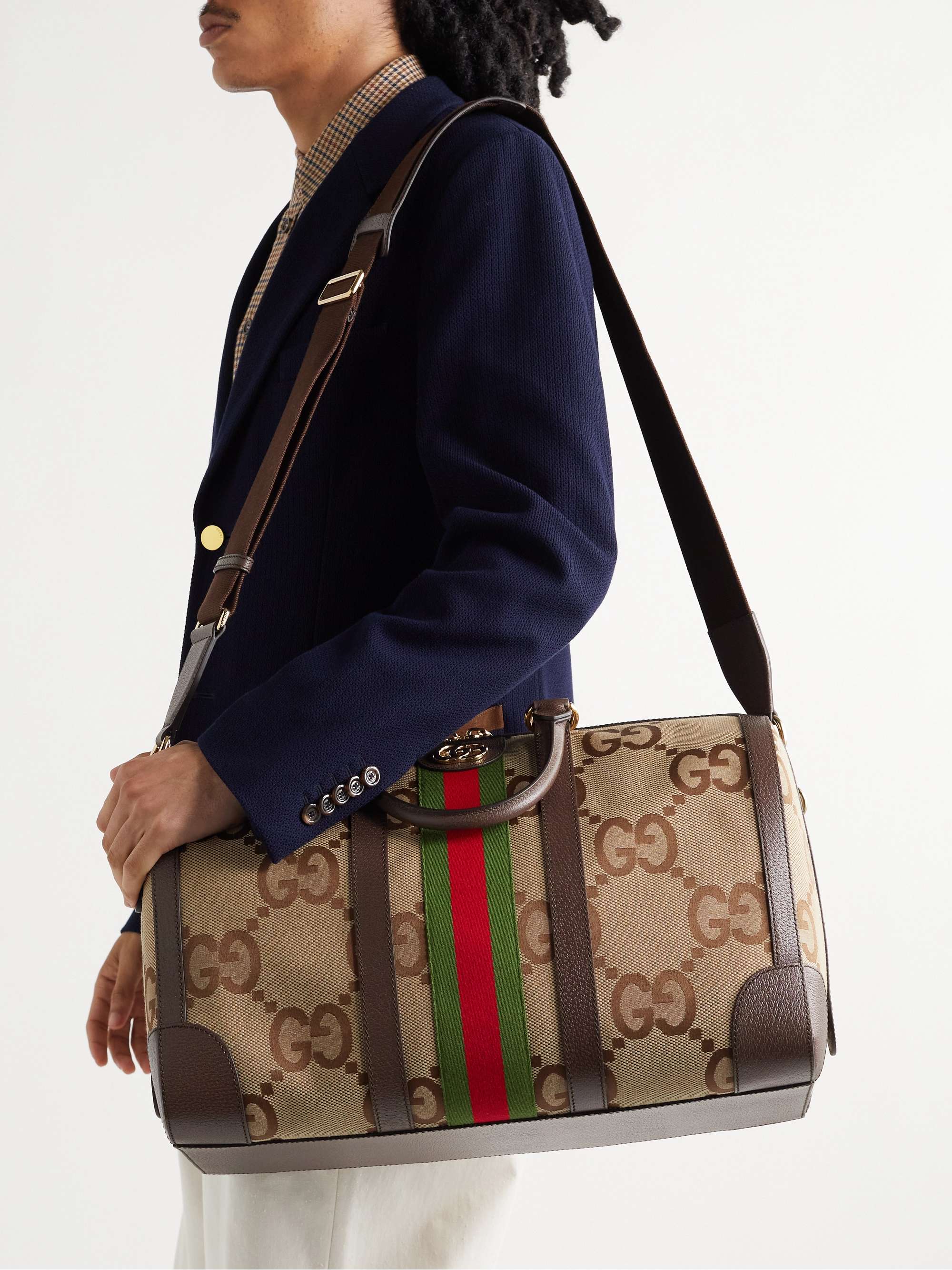 GUCCI Leather and Webbing-Trimmed Monogrammed Canvas Duffle Bag