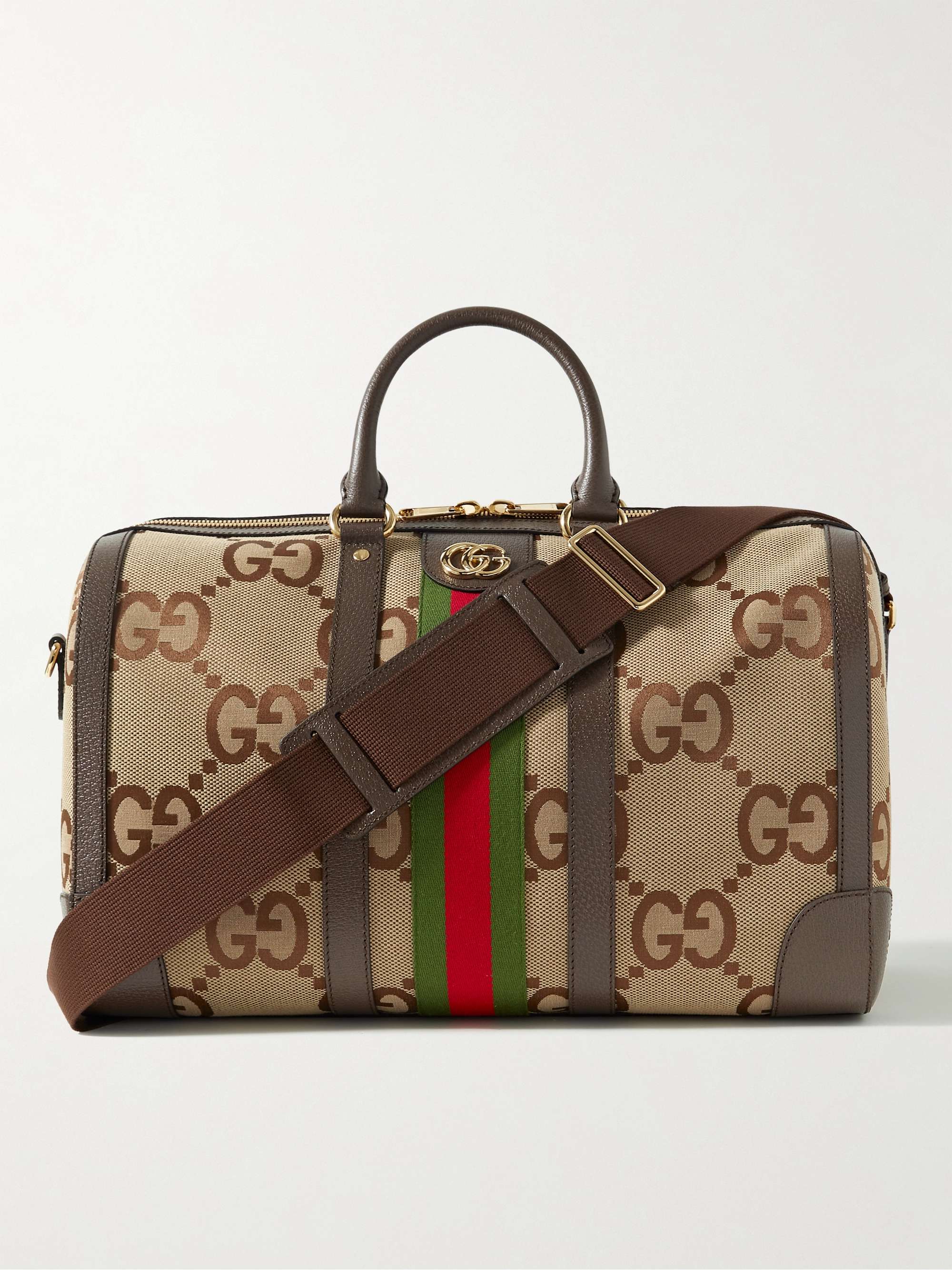GUCCI Leather and Webbing-Trimmed Monogrammed Canvas Duffle Bag