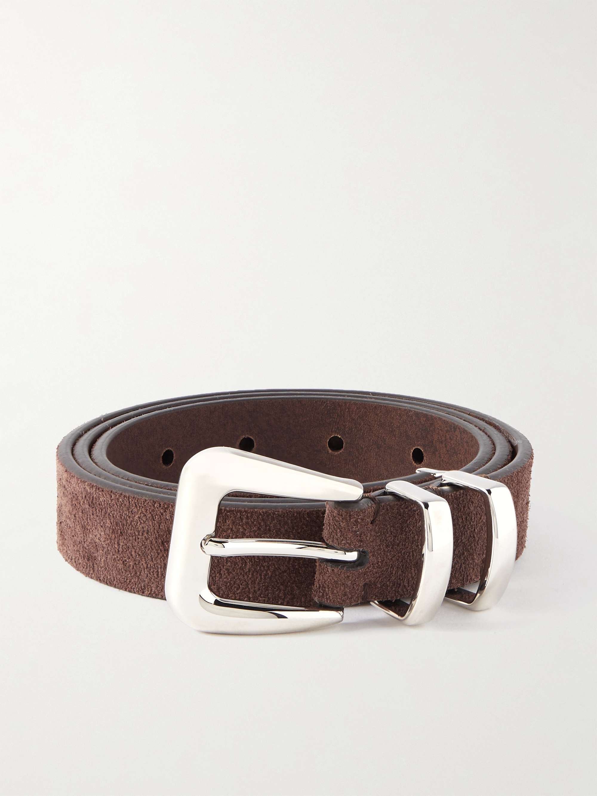 Brunello Cucinelli Men's Brown Suede Leather Belt W/ Silver Buckle NEW 