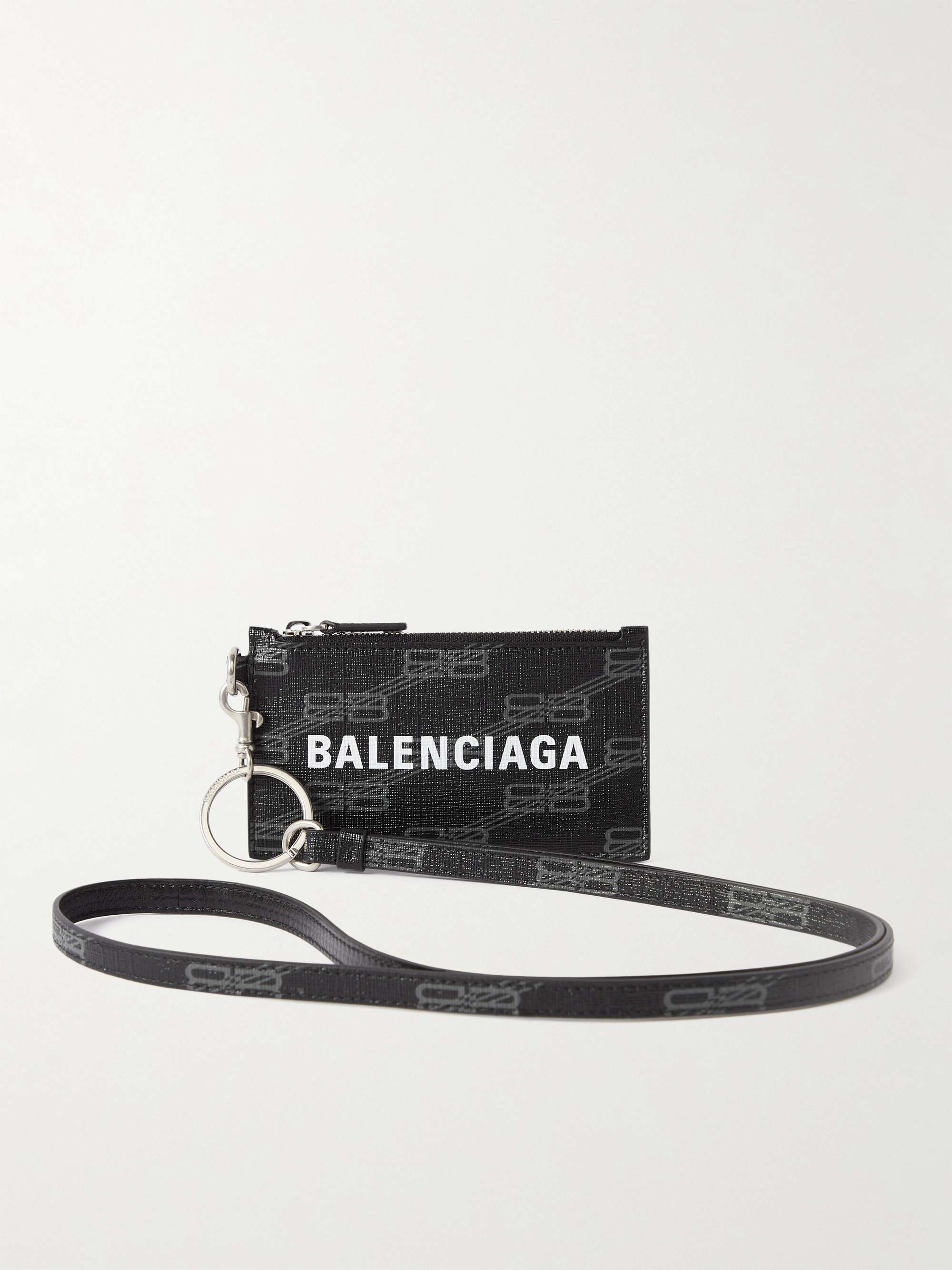 BALENCIAGA Logo-Print Cross-Grain Leather Cardholder with Lanyard