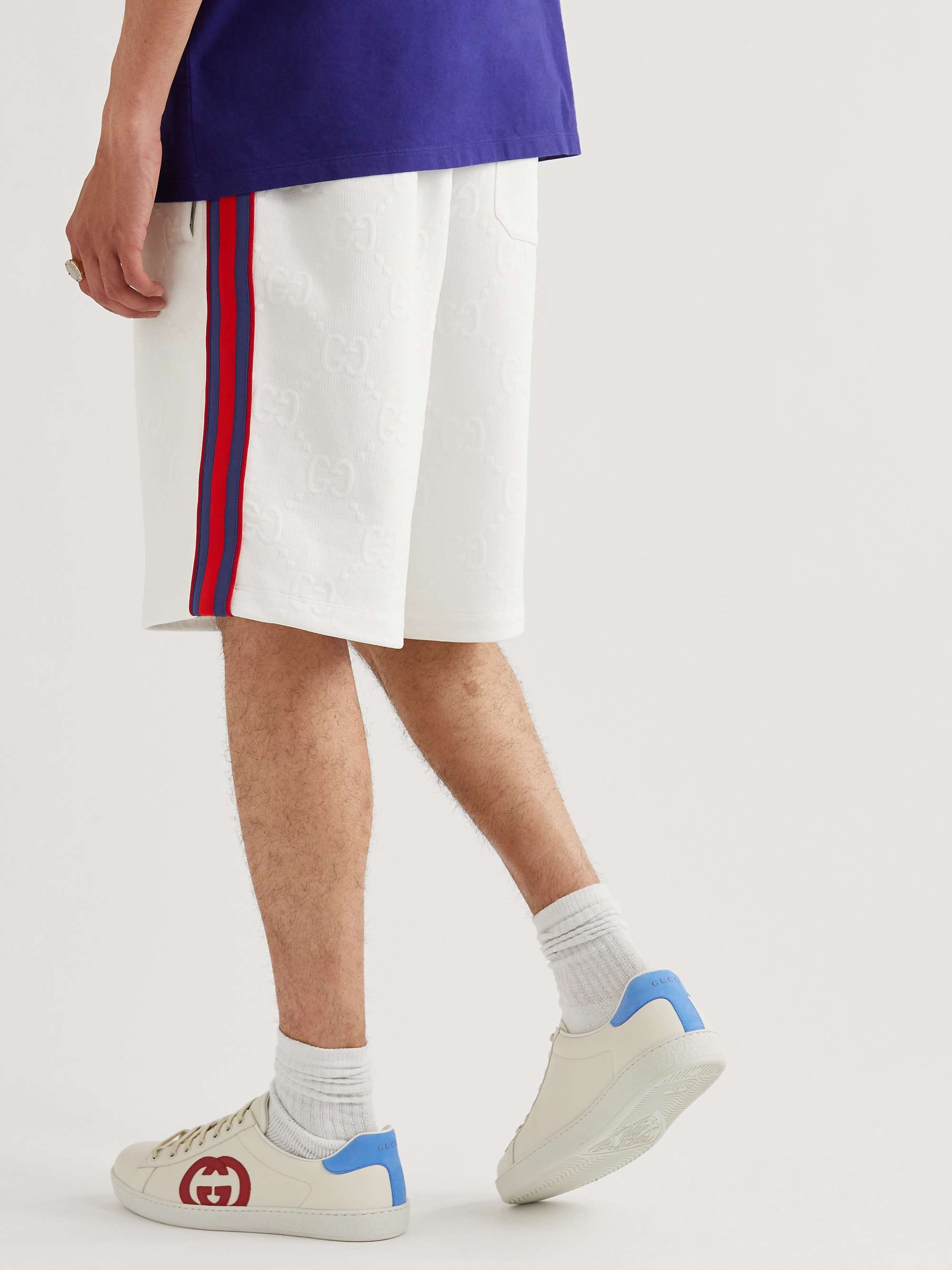 GUCCI Straight-Leg Striped Logo-Jacquard Tech-Jersey Drawstring Shorts