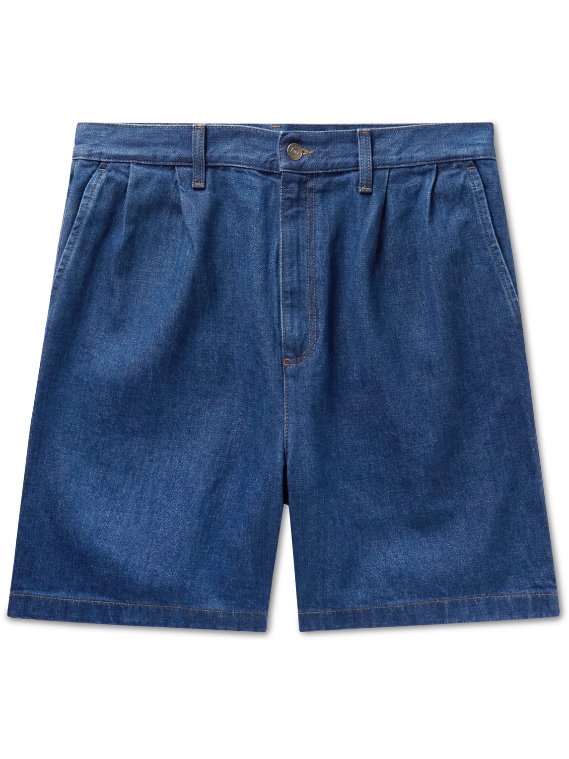 GUCCI STRAIGHT-LEG PLEATED EMBROIDERED DENIM SHORTS