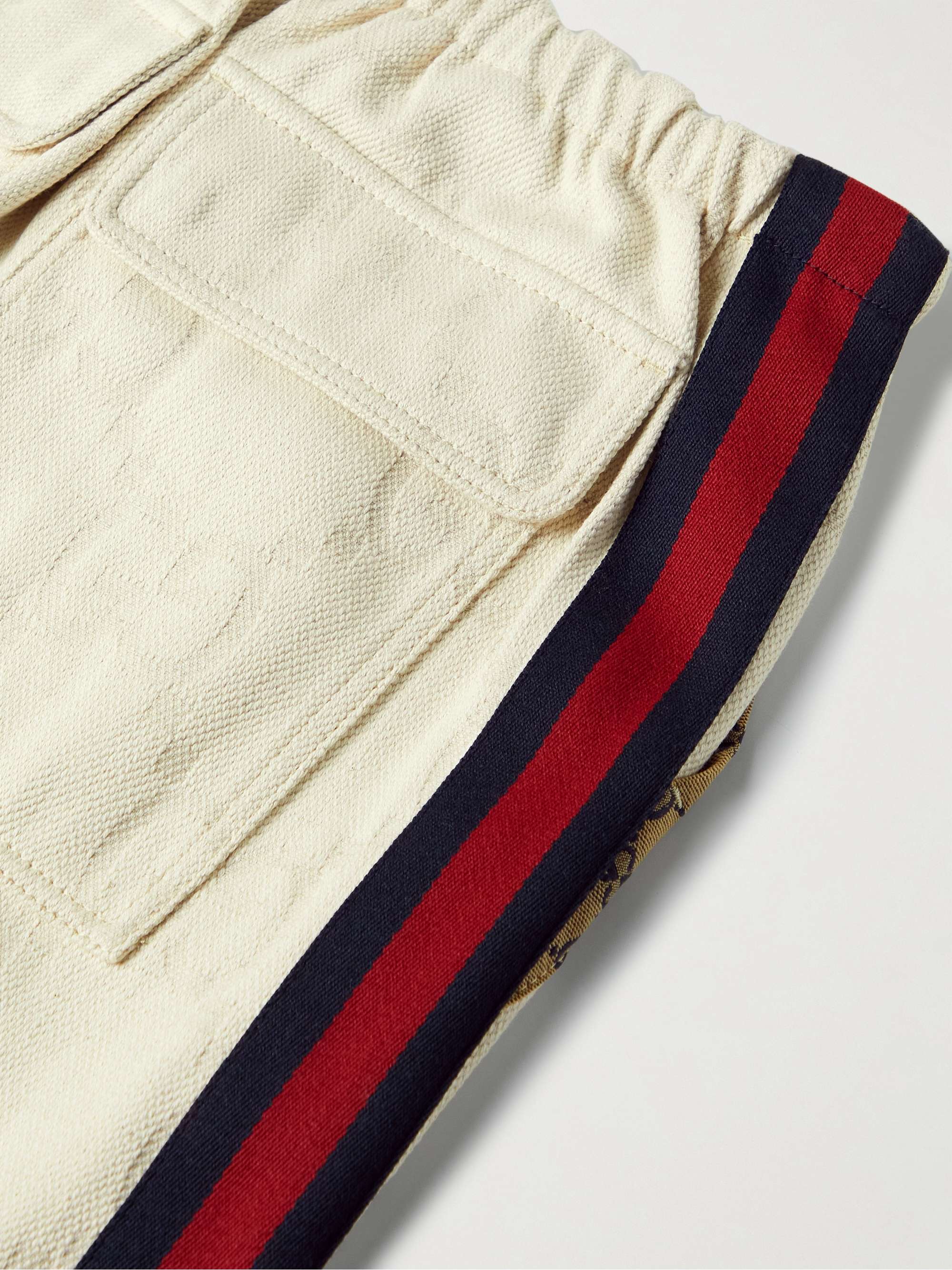 GUCCI Webbing-Trimmed Logo-Jacquard Cotton-Blend Canvas Trousers