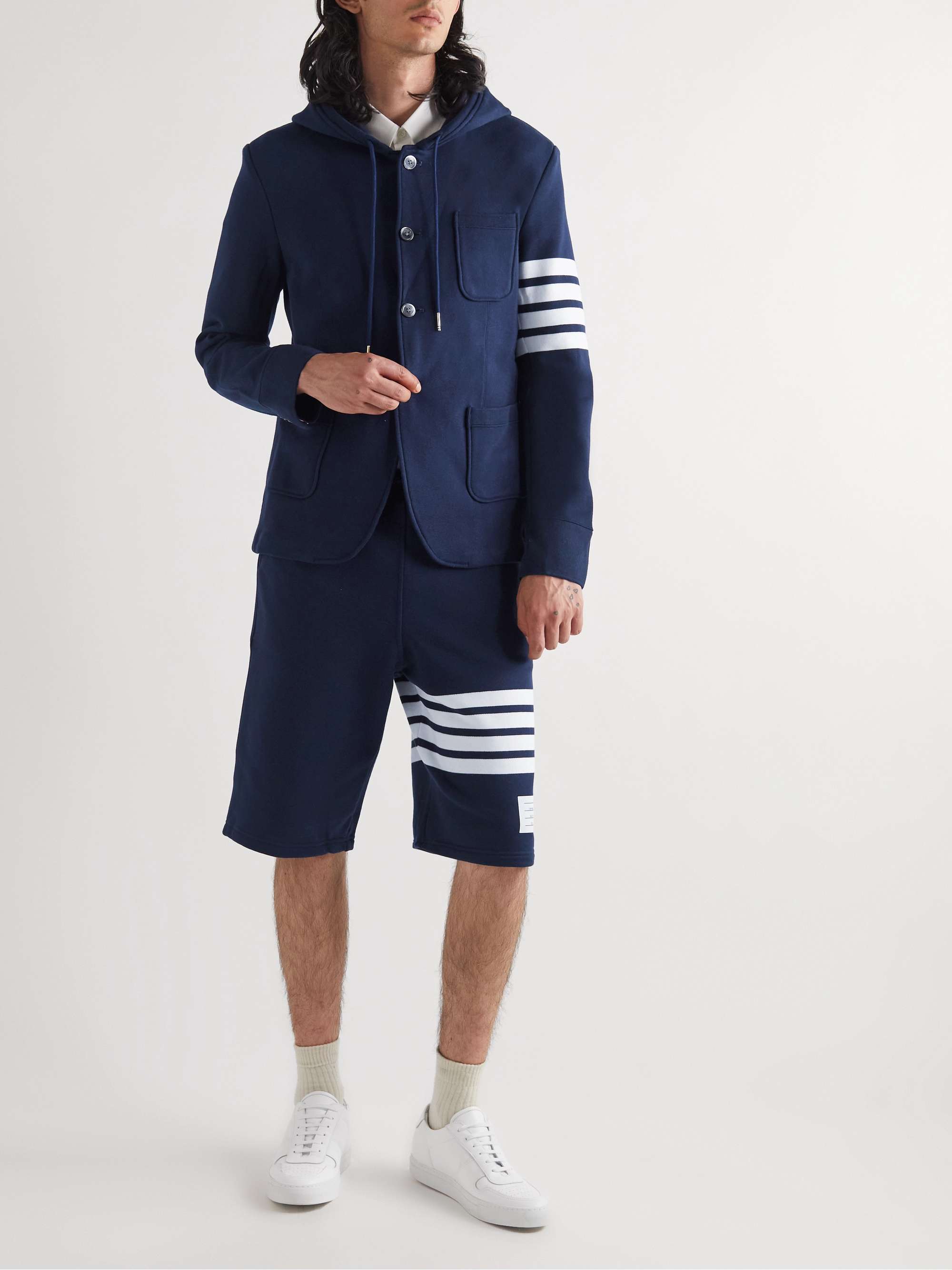 THOM BROWNE Striped Cotton-Jersey Hooded Jacket