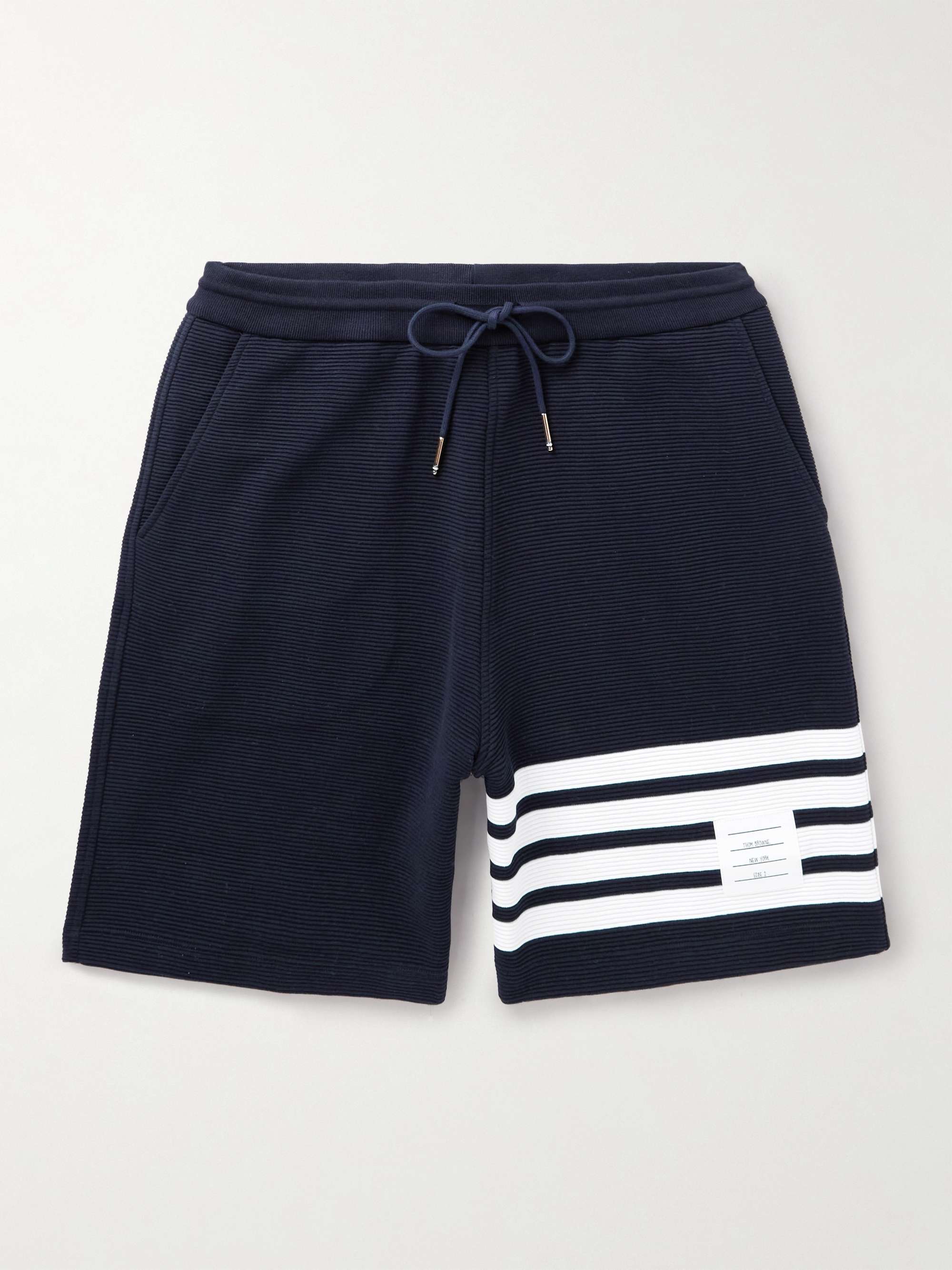 THOM BROWNE Straight-Leg Striped Ribbed Cotton-Jersey Drawstring Shorts