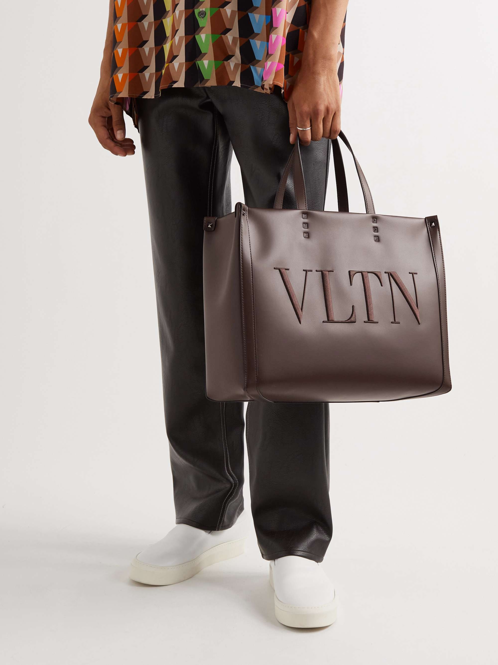 VALENTINO Valentino Garavani Studded Logo-Embroidered Leather-Trimmed Tote