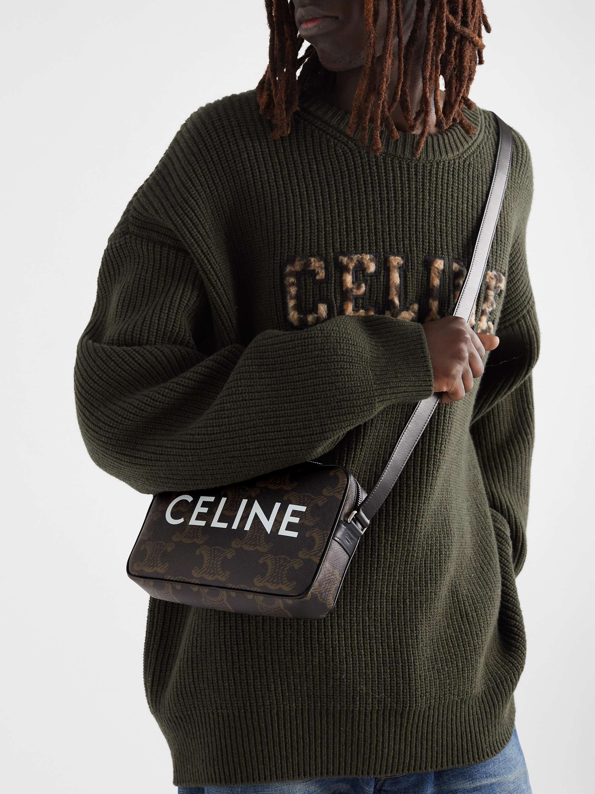 CELINE HOMME Triomphe Leather-Trimmed Logo-Print Coated-Canvas Messenger Bag