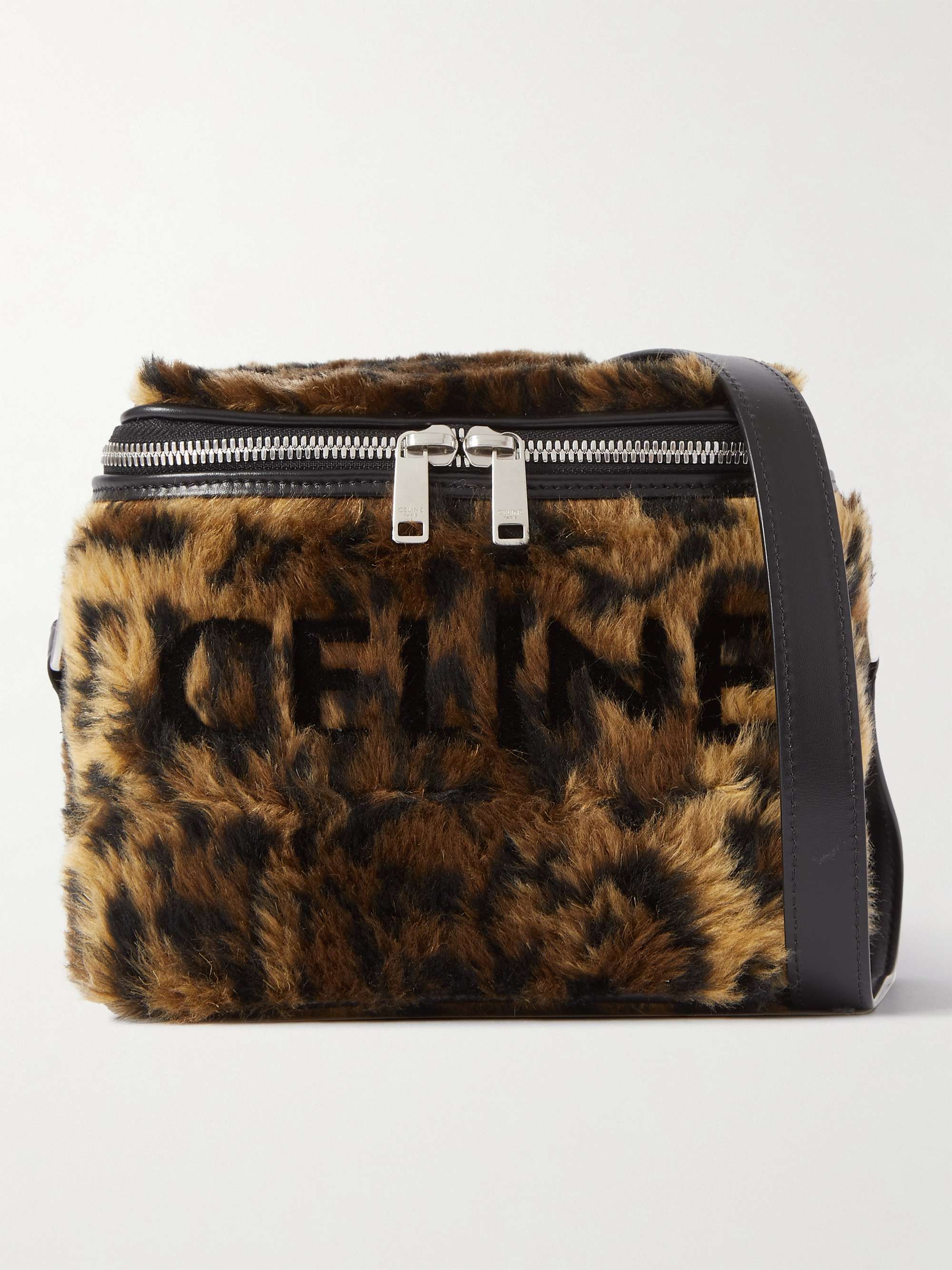 CELINE HOMME Boite Leather-Trimmed Logo-Flocked Leopard-Print Faux Fur Messenger Bag