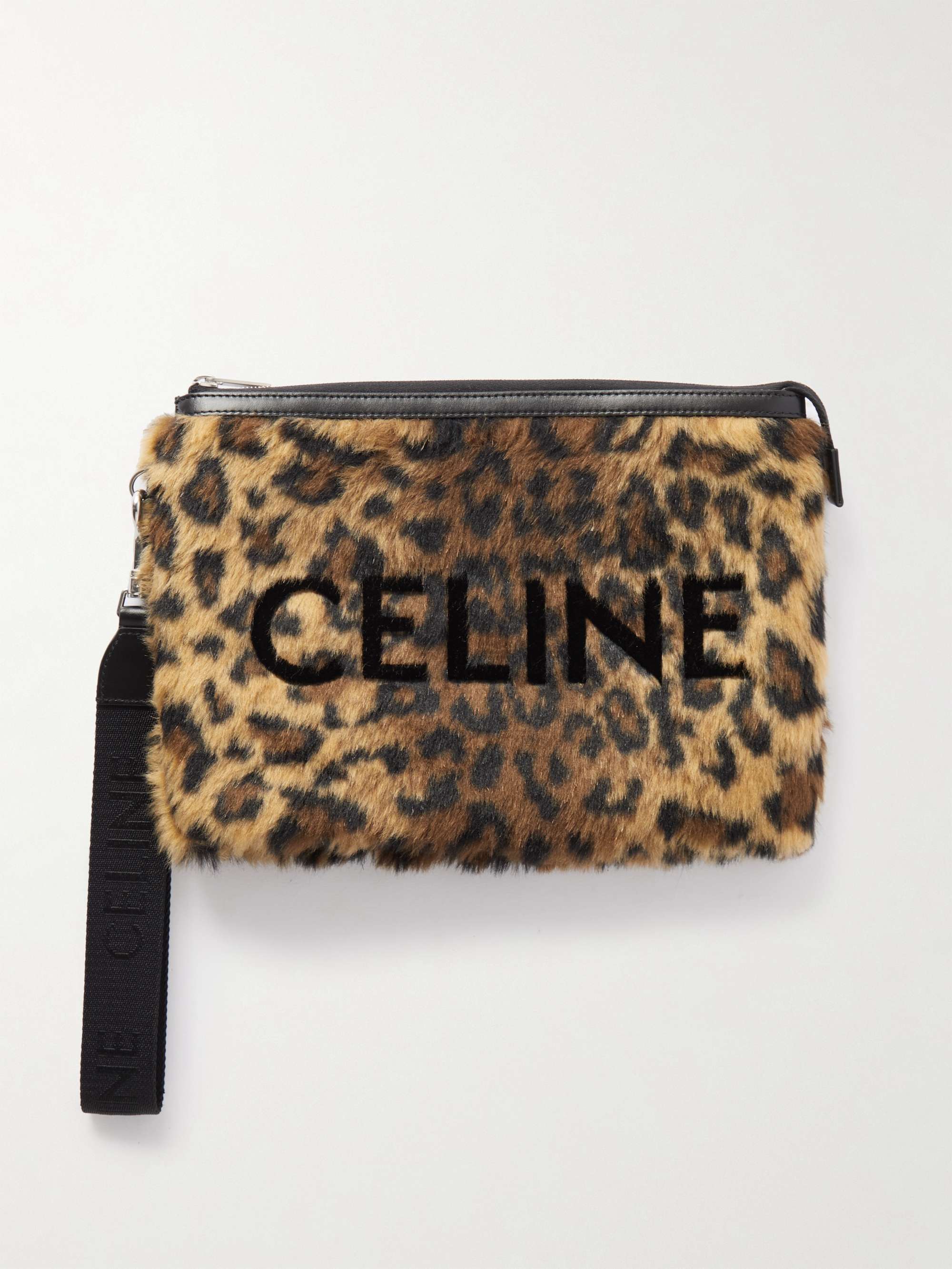 CELINE HOMME Small Logo-Flocked Leopard-Print Faux Fur Pouch