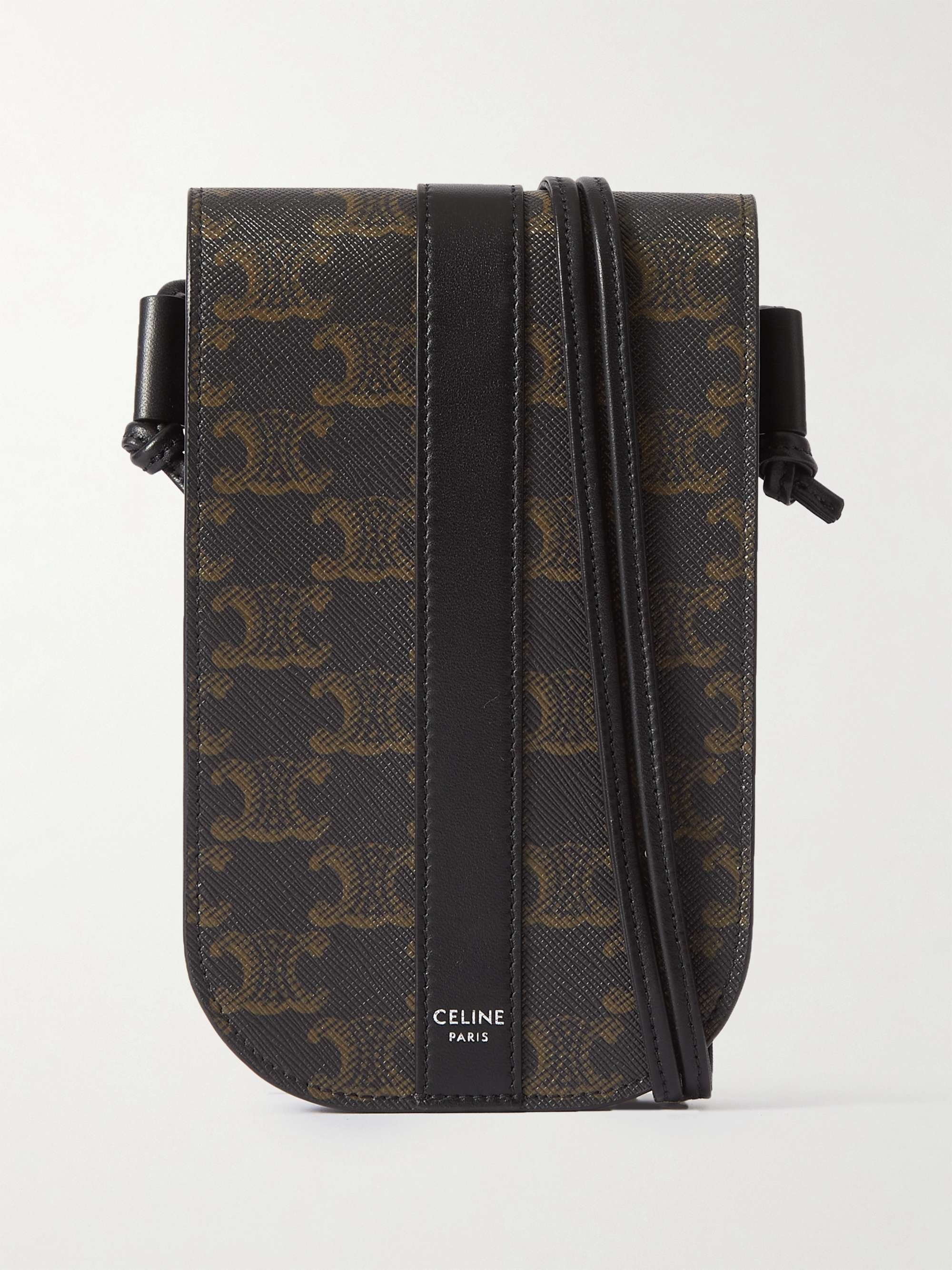 Black Triomphe Leather-Trimmed Logo-Print Coated-Canvas Phone Pouch | CELINE  HOMME | MR PORTER