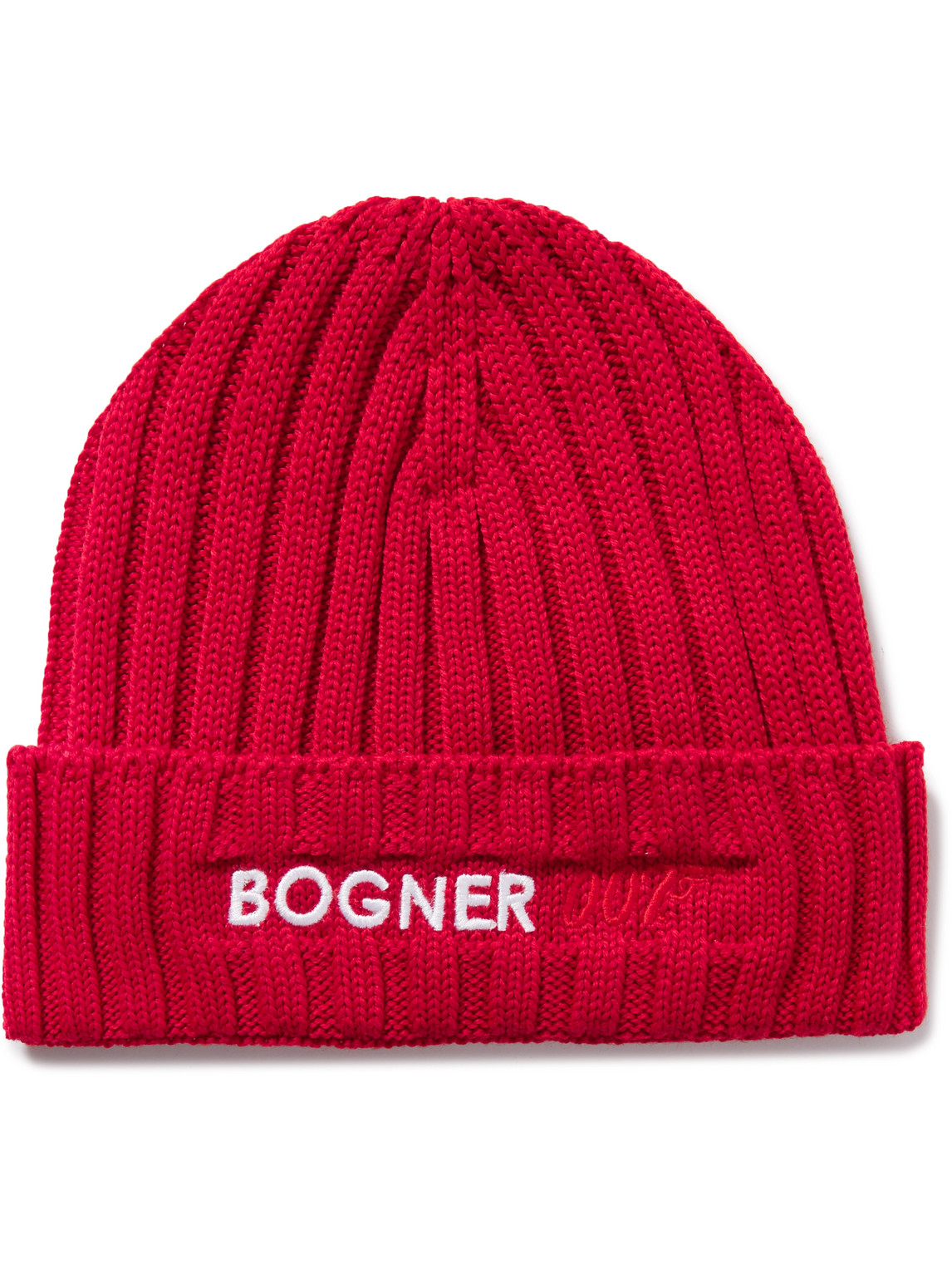 Bogner 007 Bosco Logo-embroidered Ribbed Virgin Wool-blend Beanie In Red