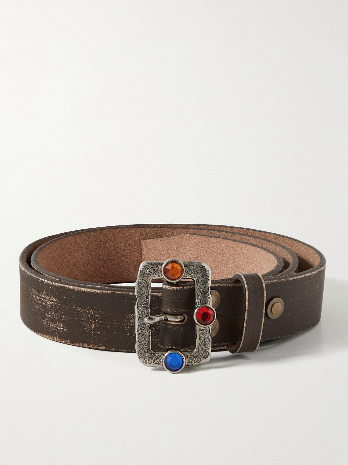 Kapital 2.5cm Disco Embellished Distressed Leather Belt In Brown