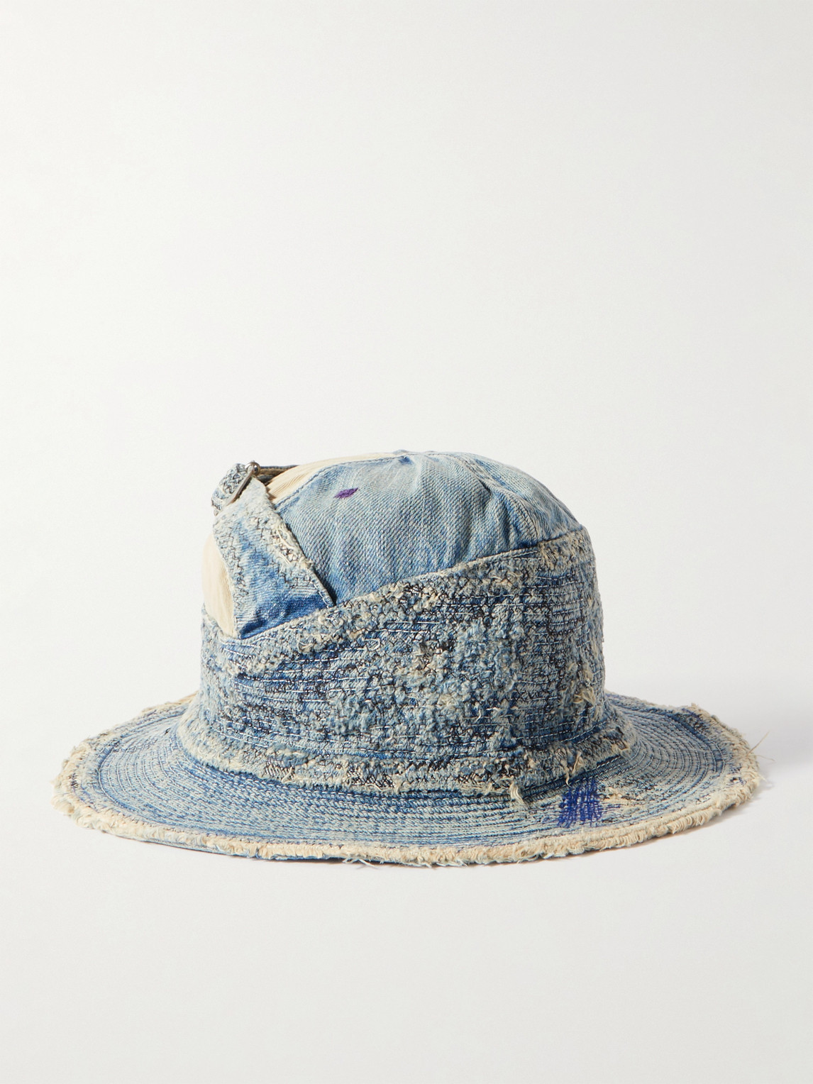 Kapital Quilted Distressed Denim And Printed Twill Bucket Hat In Blue