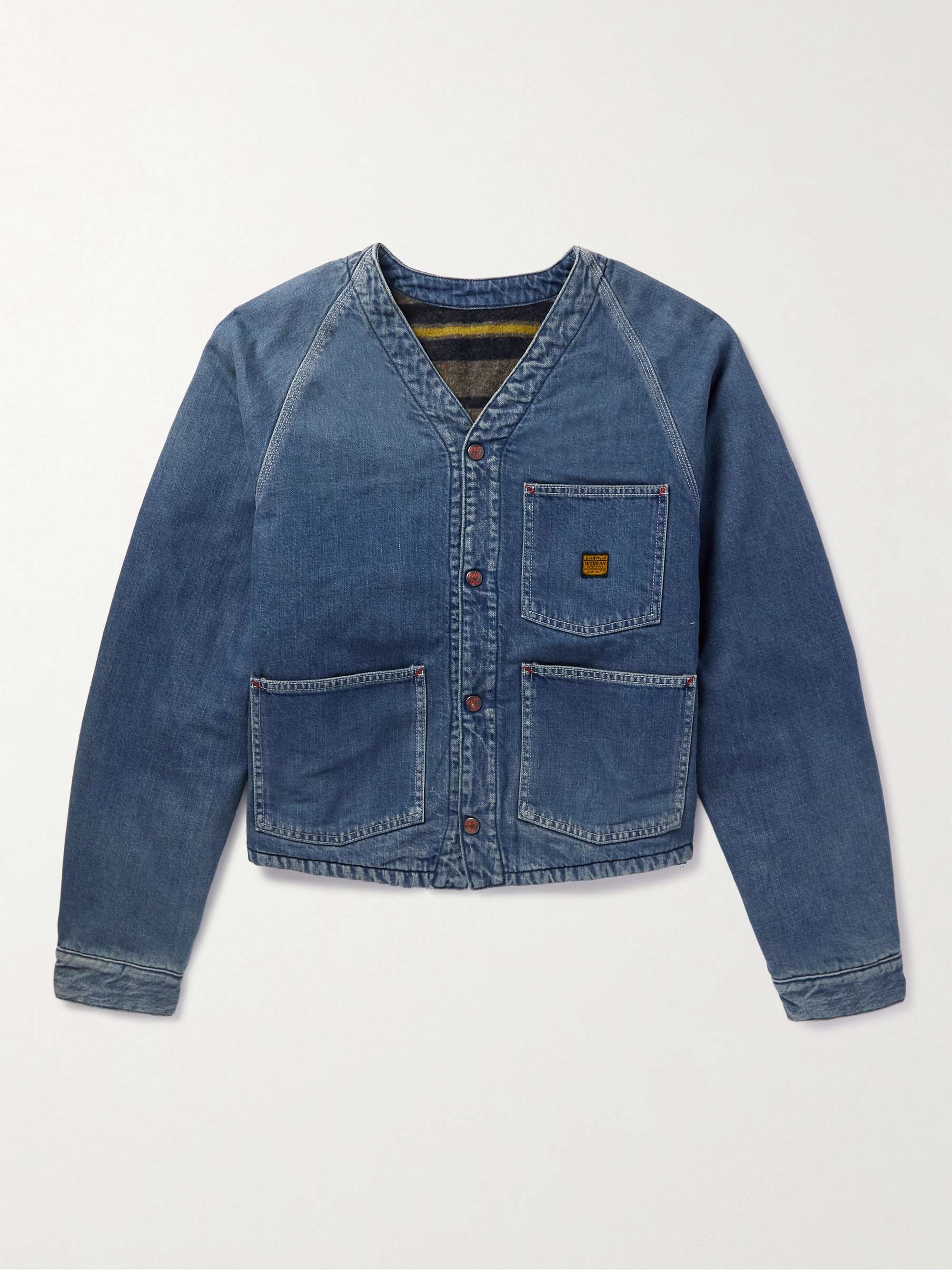 KAPITAL Coneybowy Reversible Denim and Striped Knitted Jacket