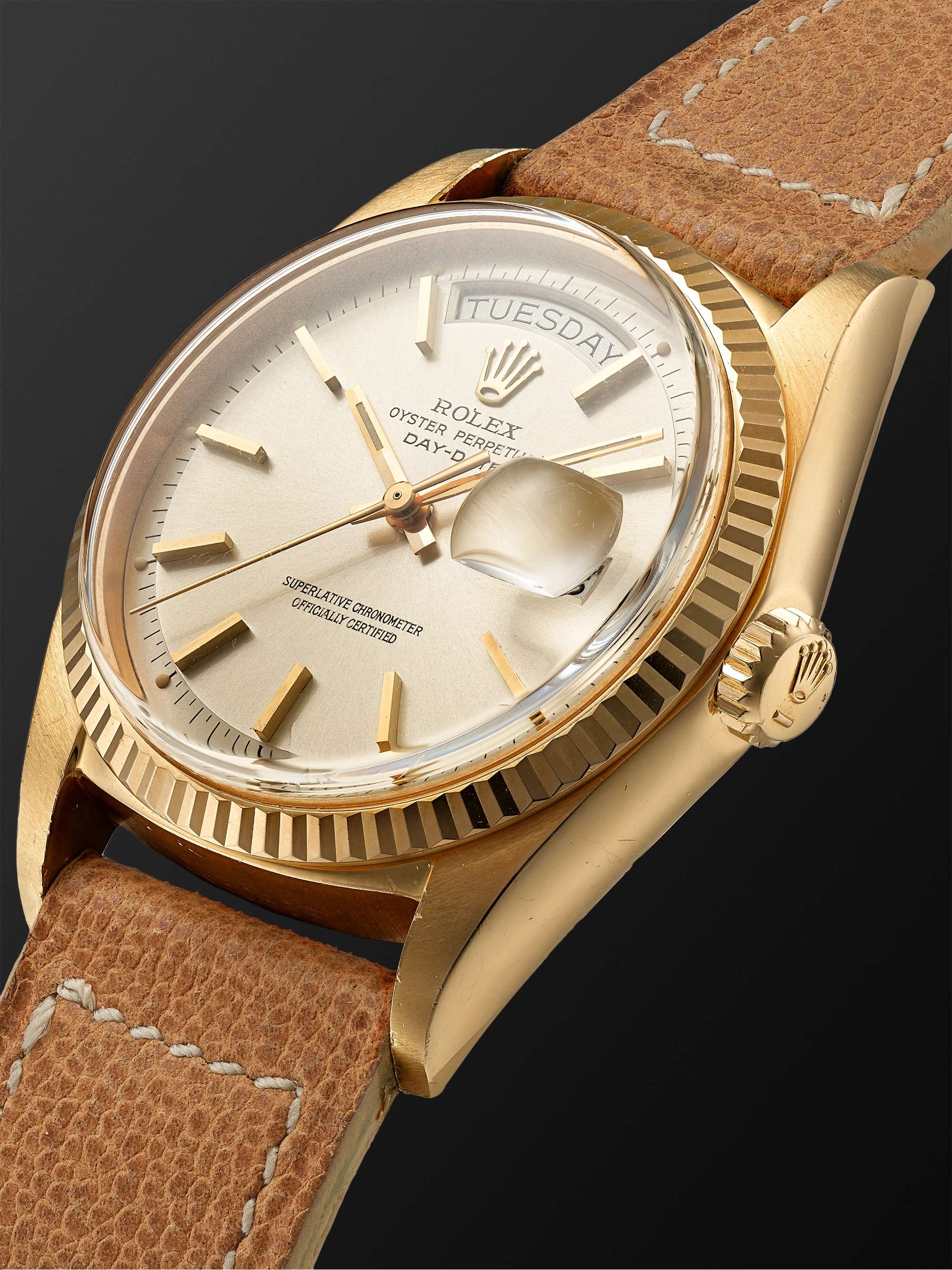 WIND VINTAGE Pre-Owned 1971 Rolex Day-Date Automatic 36mm 18-Karat Gold and Leather Watch, Ref. No. 1803