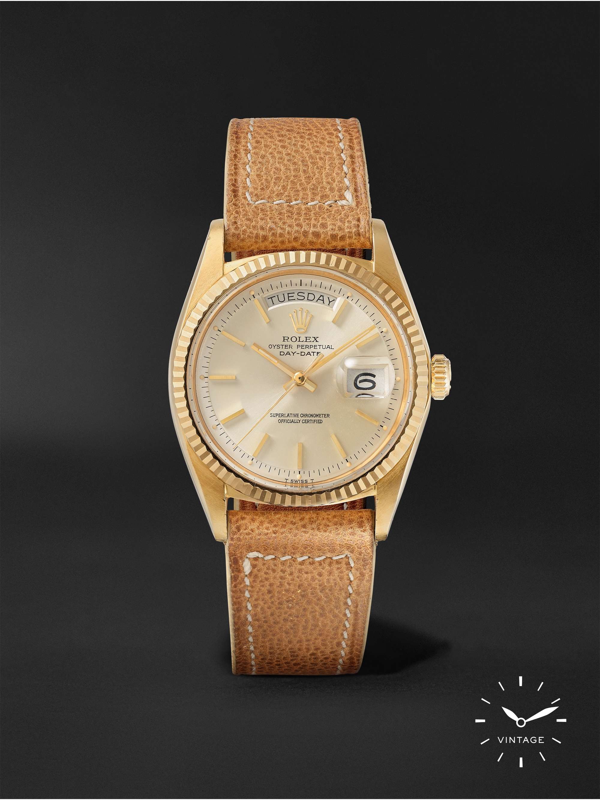WIND VINTAGE Pre-Owned 1971 Rolex Day-Date Automatic 36mm 18-Karat Gold and Leather Watch, Ref. No. 1803