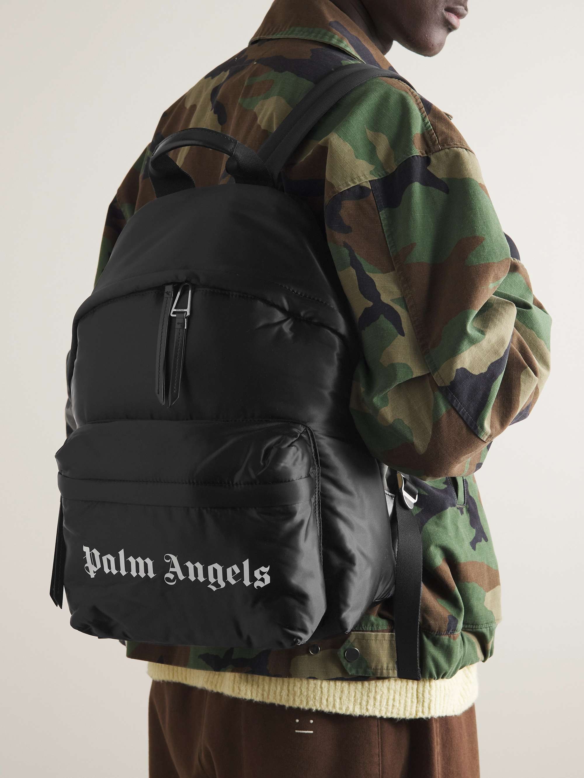 PALM ANGELS Logo-Print Leather-Trimmed Shell Backpack