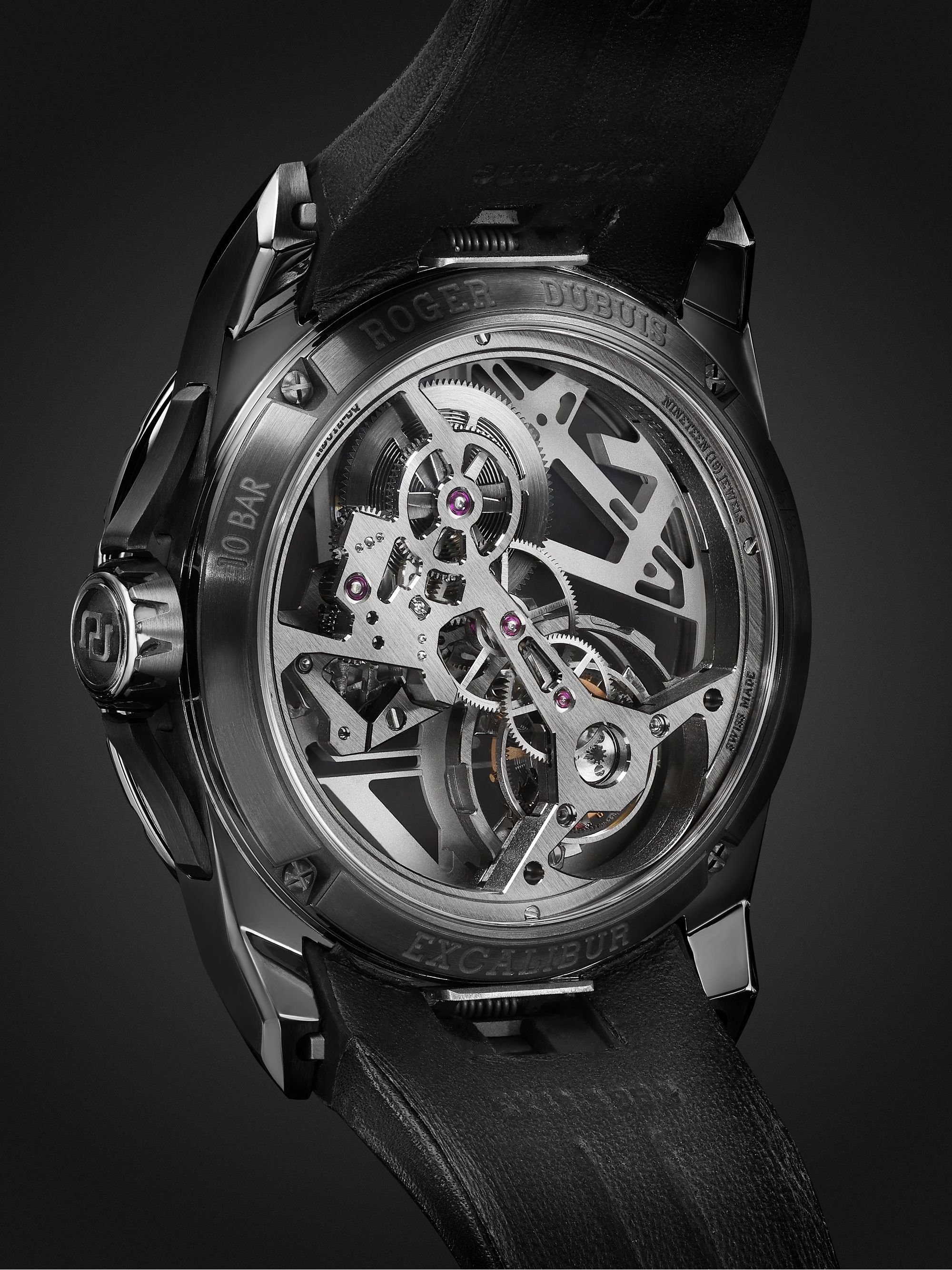 ROGER DUBUIS + Gully Excalibur Limited Edition Hand-Wound Skeleton Flying Tourbillon 42mm Titanium and Leather Watch, Ref. No. EX0931