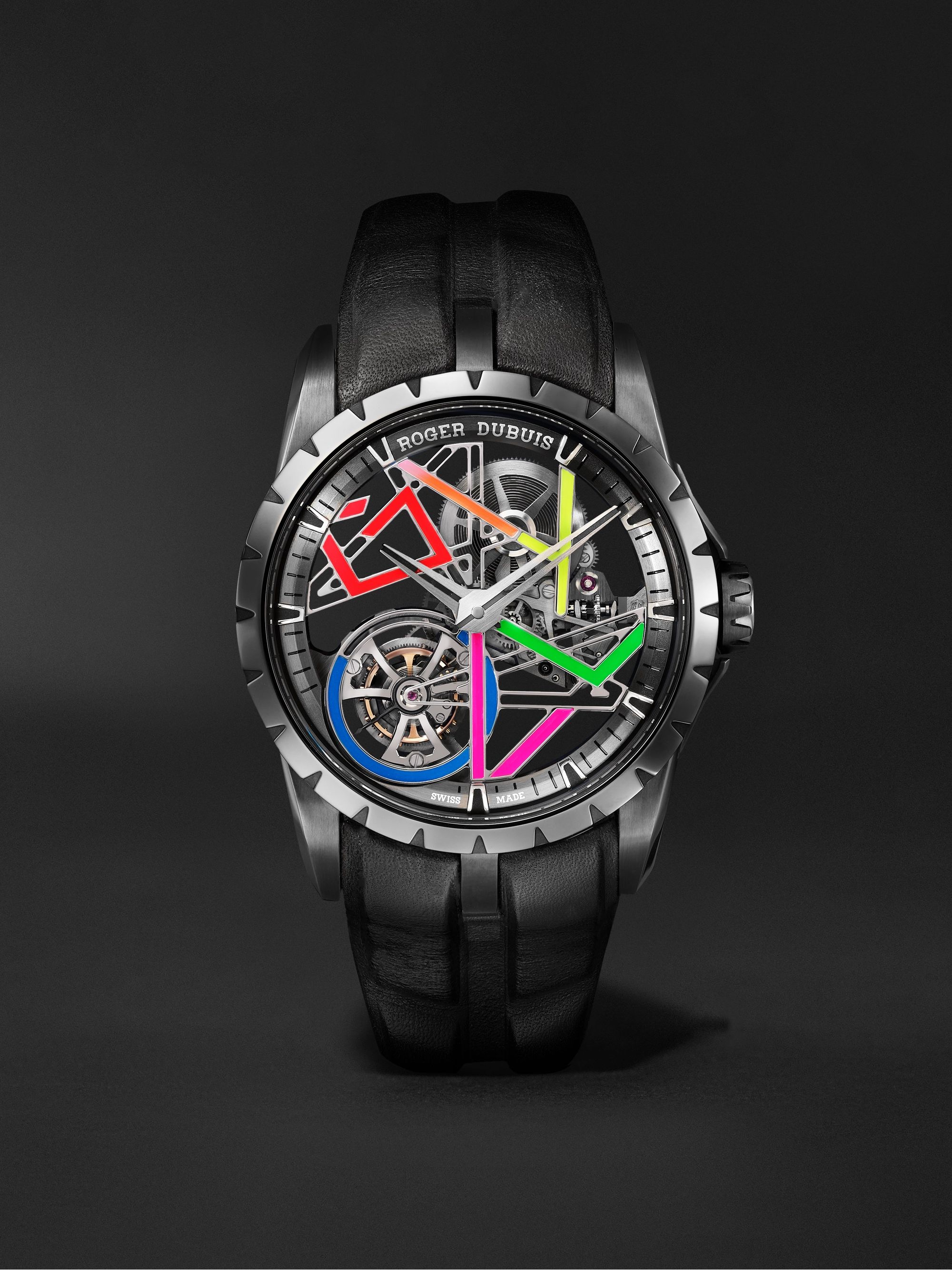 ROGER DUBUIS + Gully Excalibur Limited Edition Hand-Wound Skeleton Flying Tourbillon 42mm Titanium and Leather Watch, Ref. No. EX0931