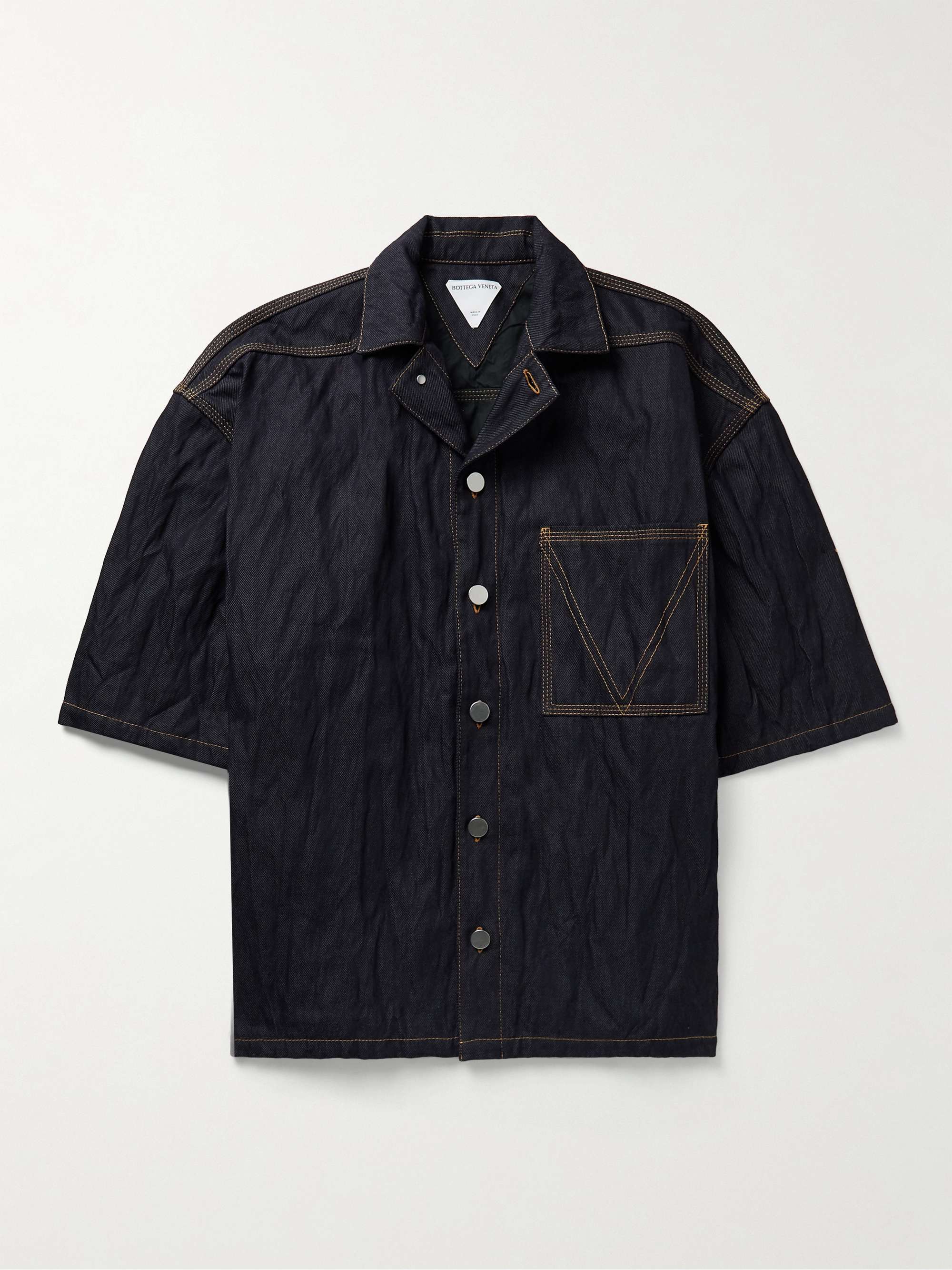 BOTTEGA VENETA Oversized Convertible-Collar Crinkled-Denim Shirt