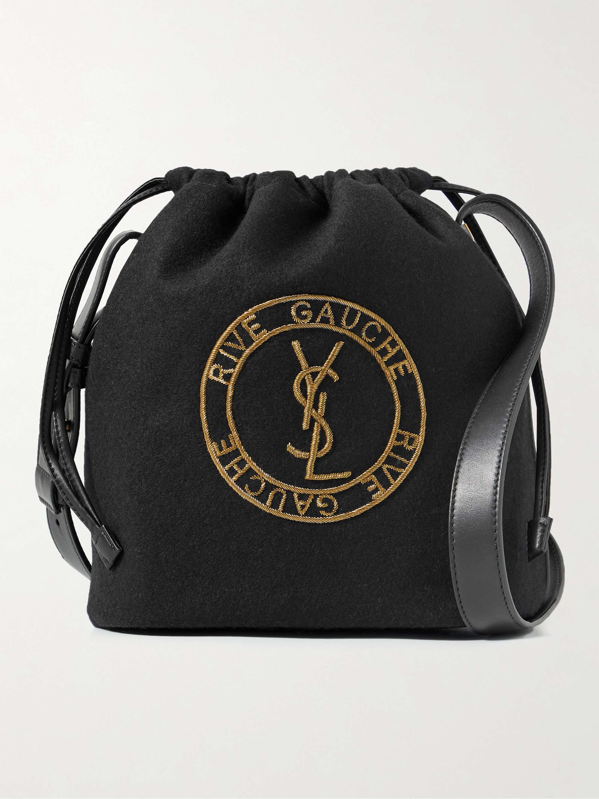 SAINT LAURENT Rive Gauche Leather-Trimmed Logo-Embroidered Wool-Felt Bucket Bag