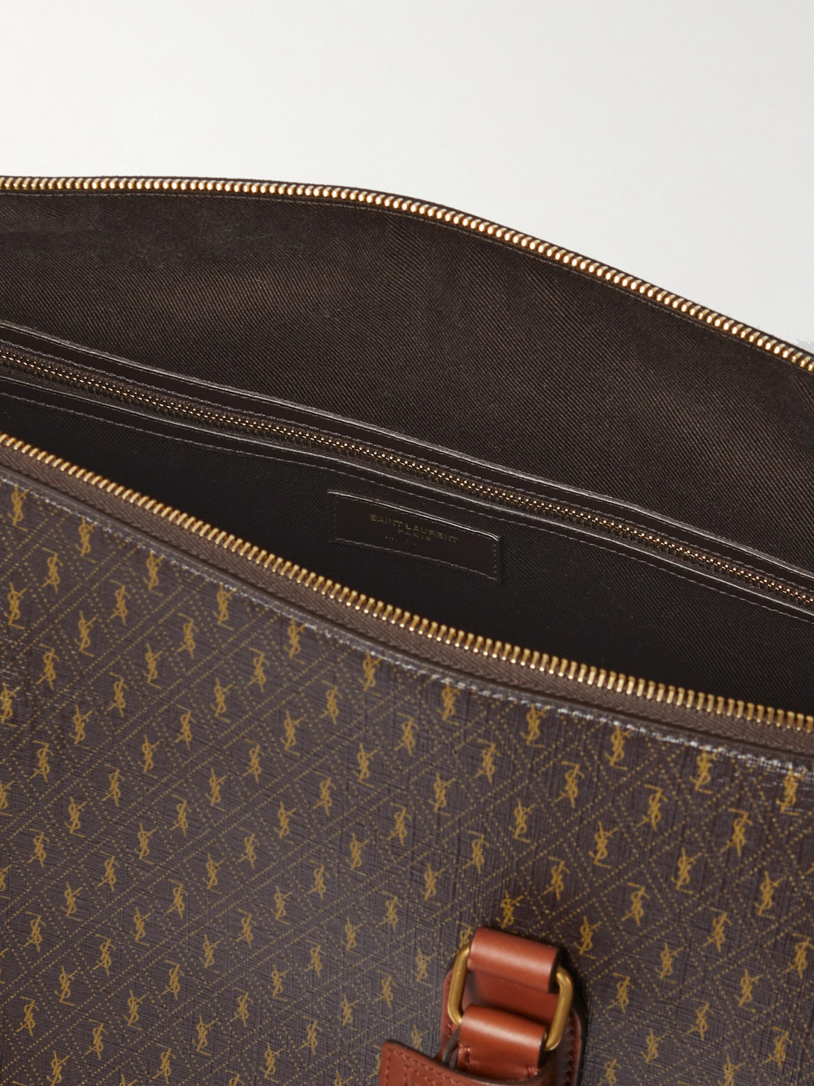 Shop Saint Laurent Le Monogramme 48h Leather-trimmed Coated-canvas Duffle Bag In Brown