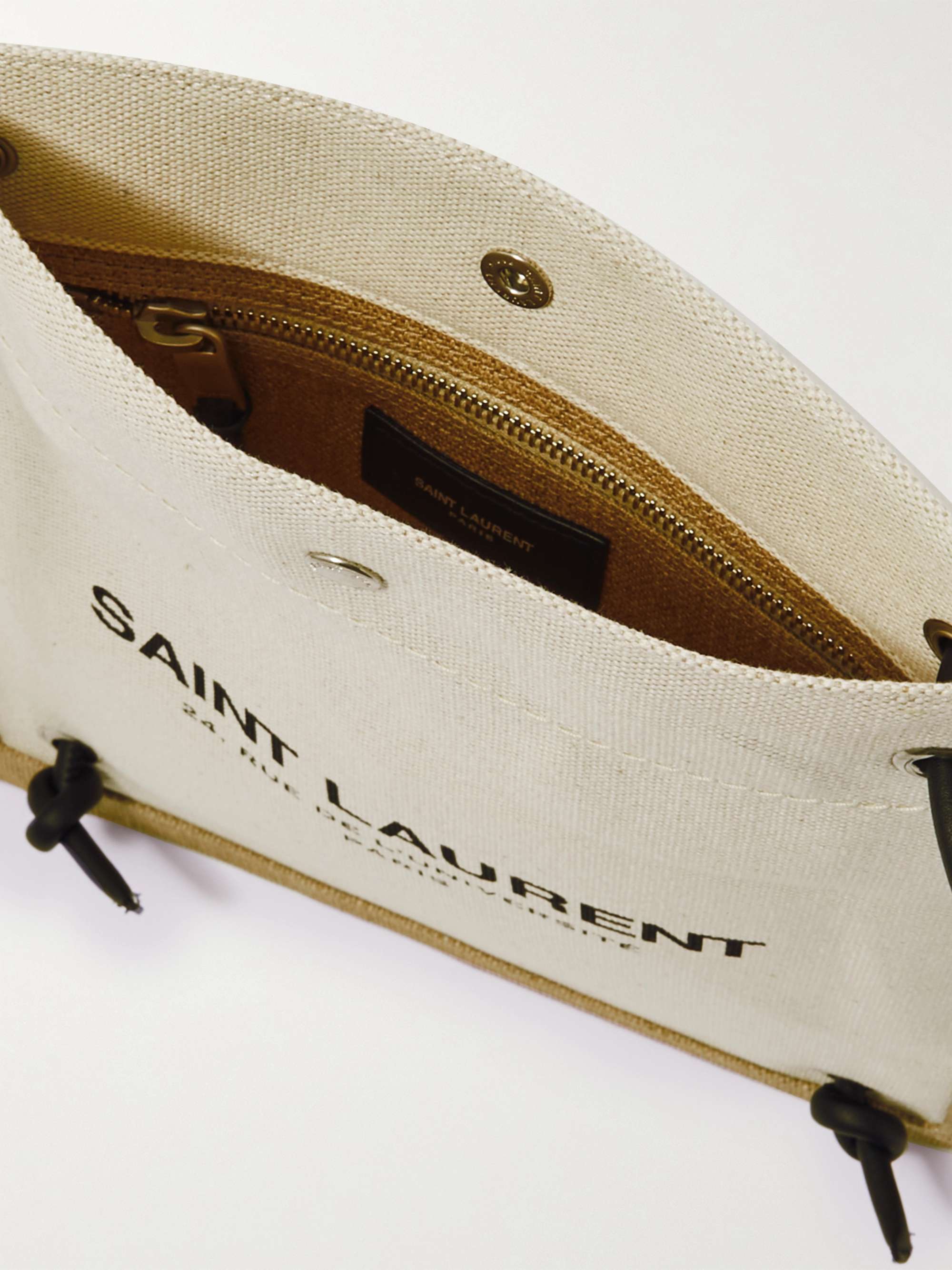 SAINT LAURENT Leather-Trimmed Logo-Print Linen and Cotton-Blend Canvas Messenger Bag