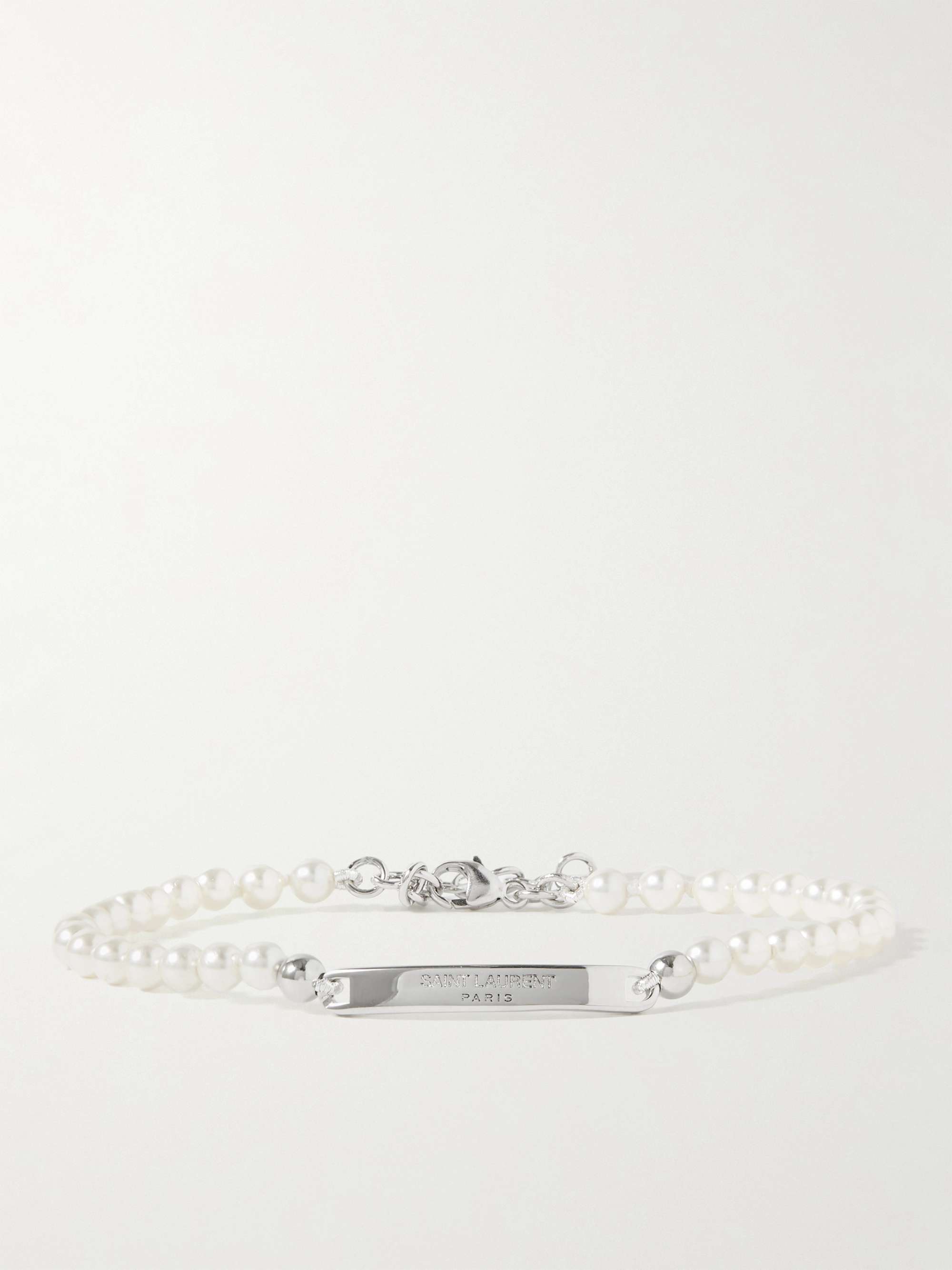 White Mens Bracelets Saint Laurent Bracelets Saint Laurent Faux-pearl Logo-plaque Bracelet in Silver for Men 