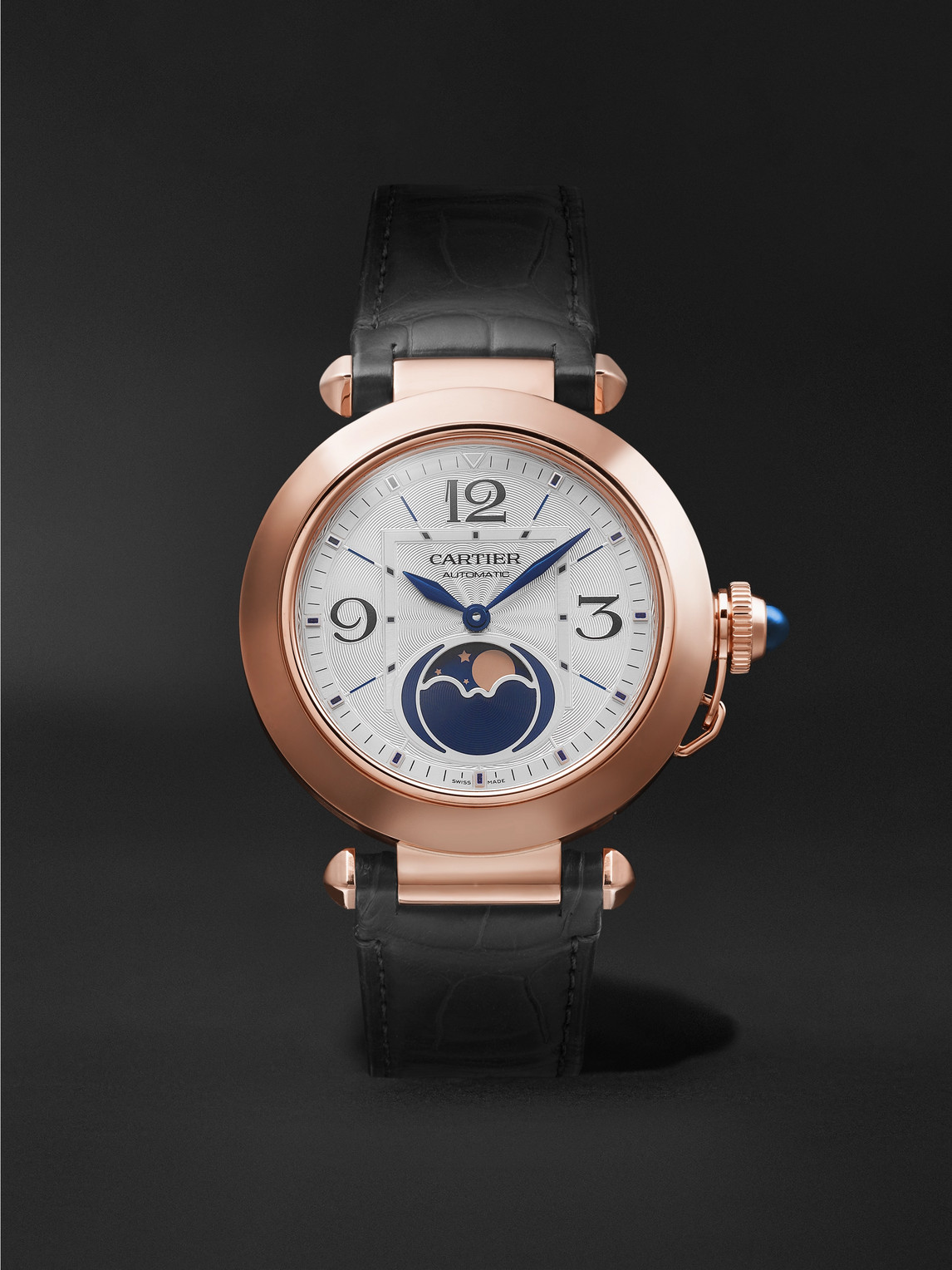 Cartier Pasha De  Automatic Moon-phase 41mm 18-karat Rose Gold And Alligator Watch, Ref. No. Wgpa0026 In White