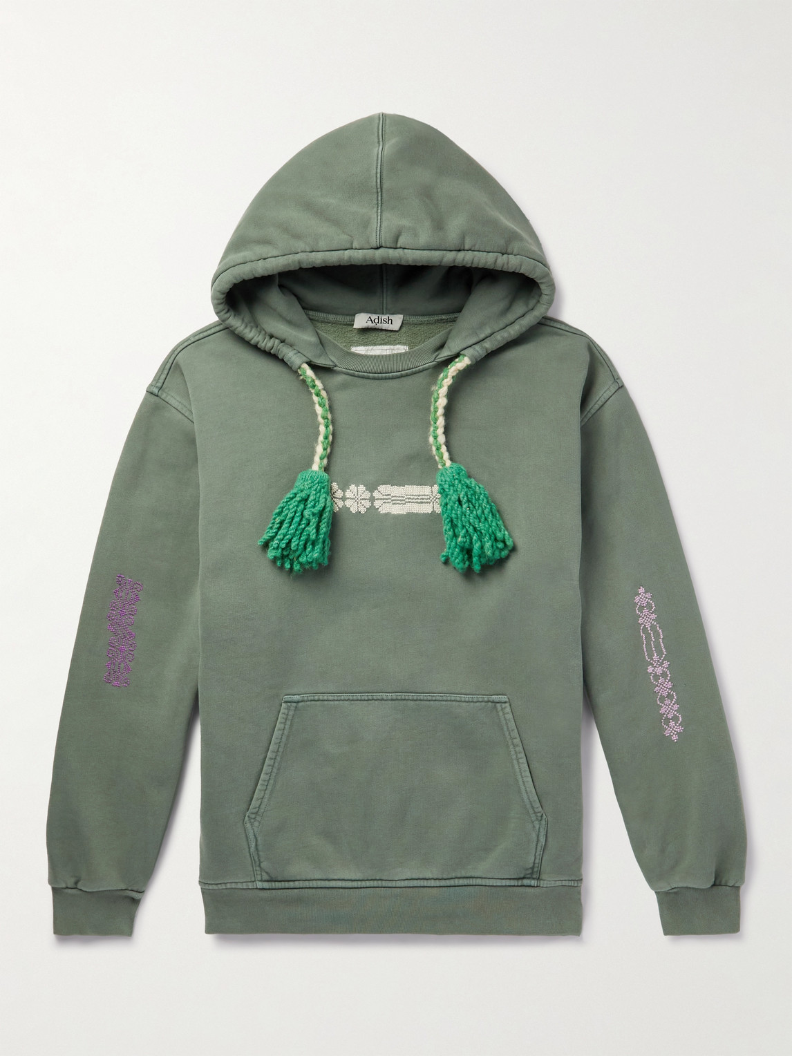 Adish Tasselled Garment-dyed Embroidered Cotton-jersey Hoodie In Green
