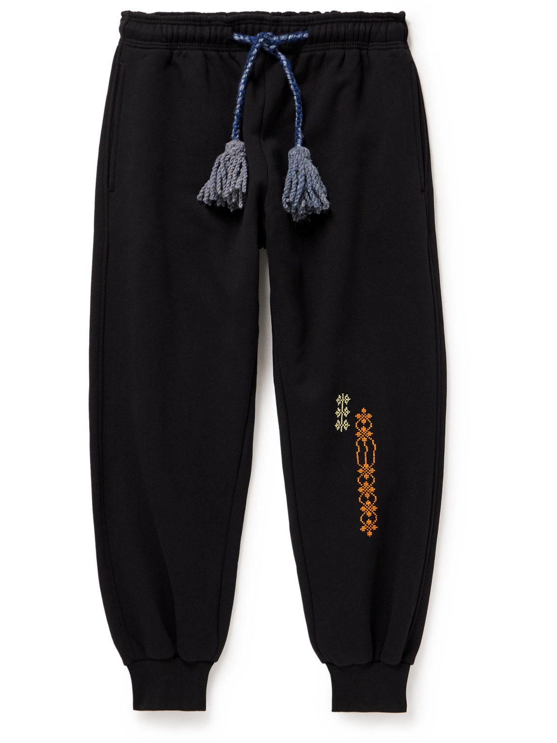 Adish Tapered Tasselled Logo-embroidered Cotton-jersey Sweatpants In Black