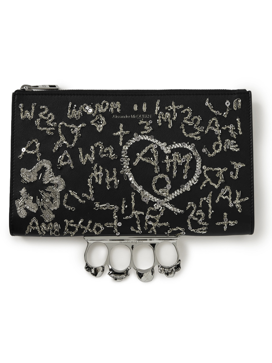 Alexander McQueen Skull Four-Ring Embellished Leather Pouch